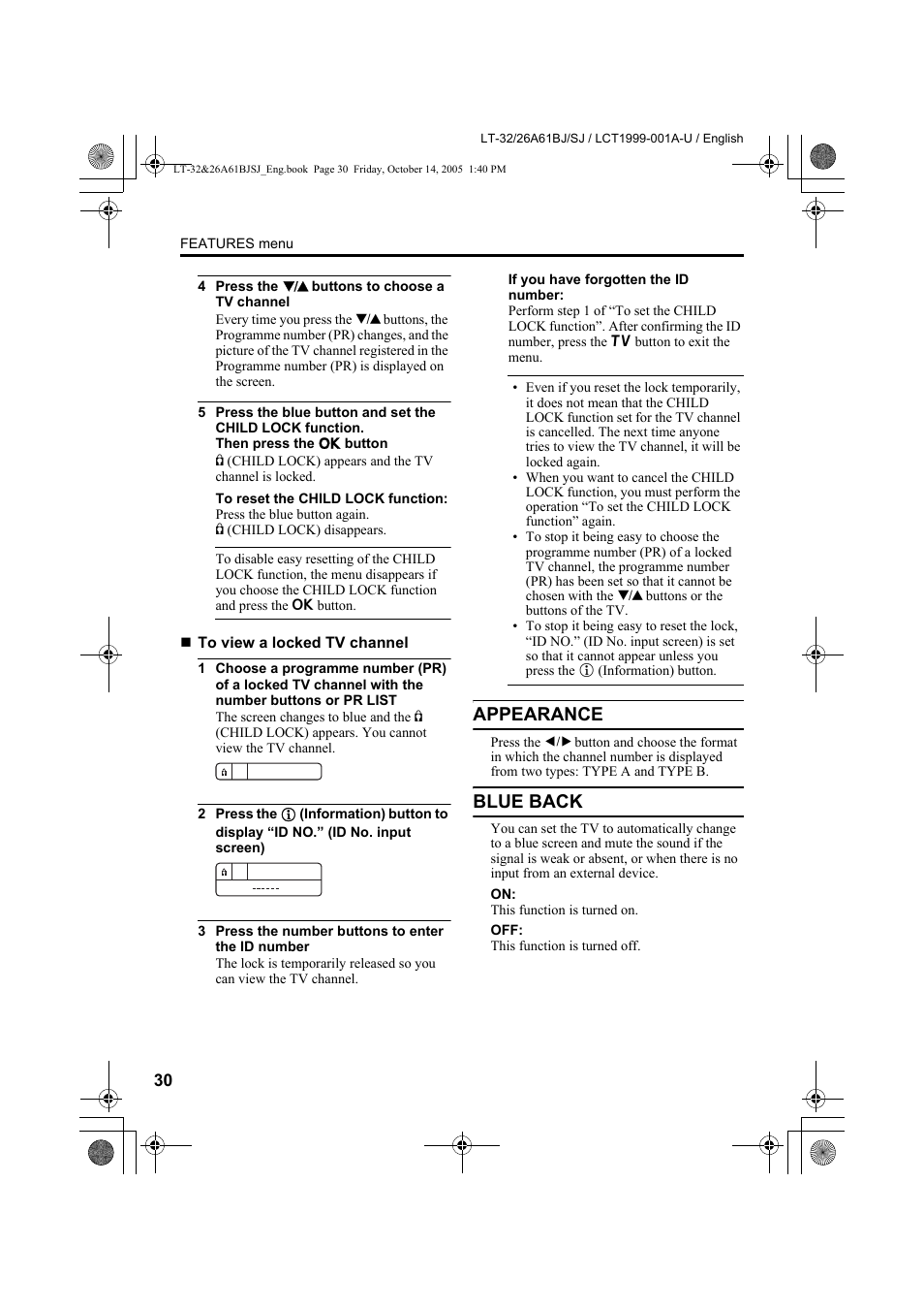 Appearance, Blue back, Appearance blue back | JVC WIDE LCD PANEL TV LT-26A61BJ User Manual | Page 32 / 104
