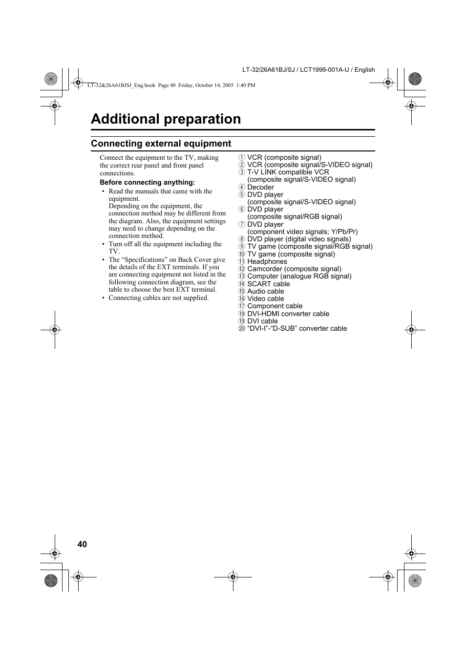 Additional preparation, Connecting external equipment, Connecting external equipment” on | JVC WIDE LCD PANEL TV LT-26A61BJ User Manual | Page 42 / 104