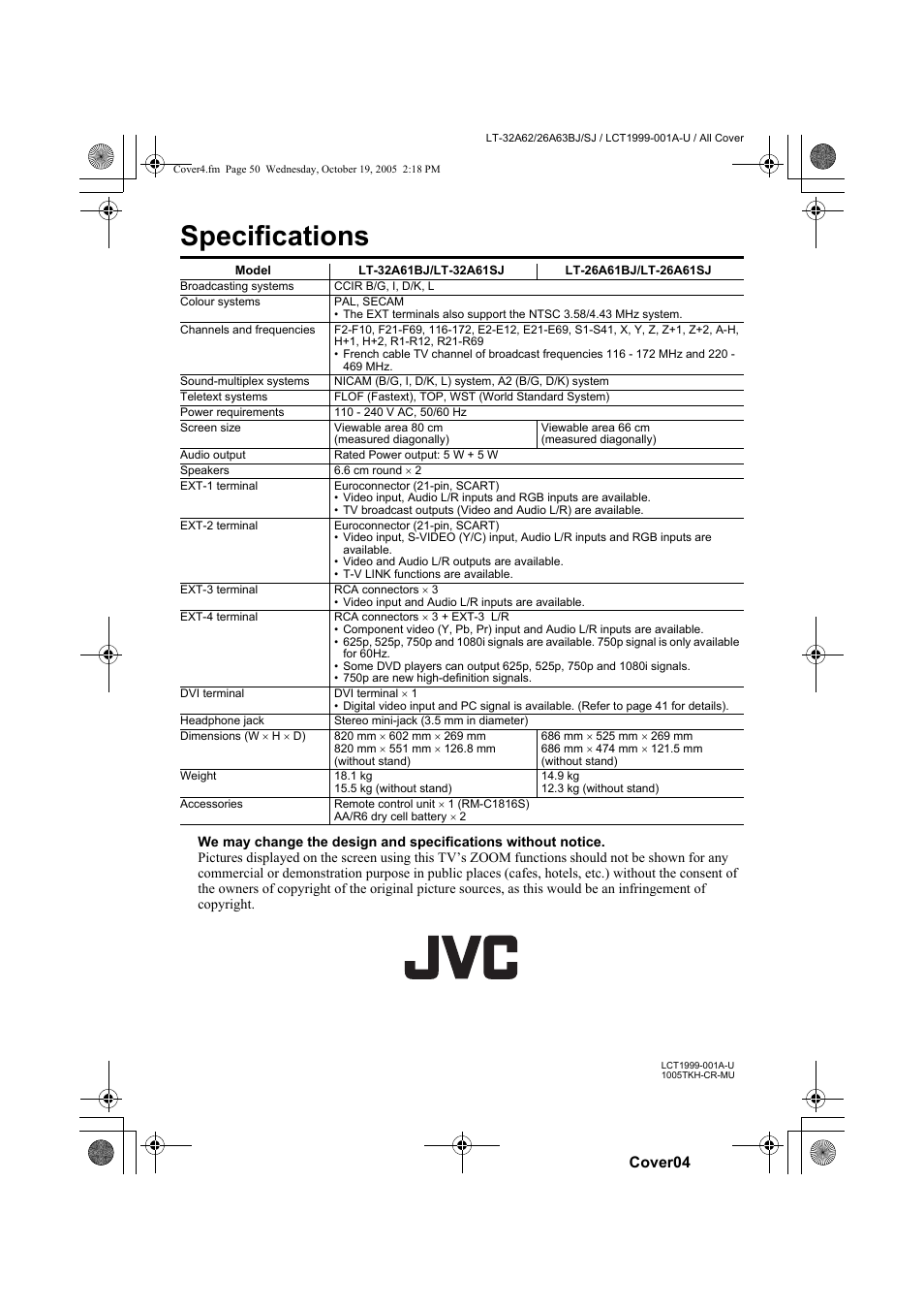 Specifications, Model, Lt-32a61bj/lt-32a61sj | Lt-26a61bj/lt-26a61sj | JVC WIDE LCD PANEL TV LT-26A61BJ User Manual | Page 52 / 104
