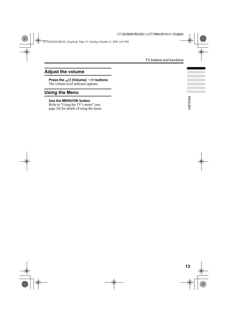 Adjust the volume, Using the menu, Adjust the volume using the menu | Es 13 | JVC WIDE LCD PANEL TV LT-26A61BJ User Manual | Page 66 / 104