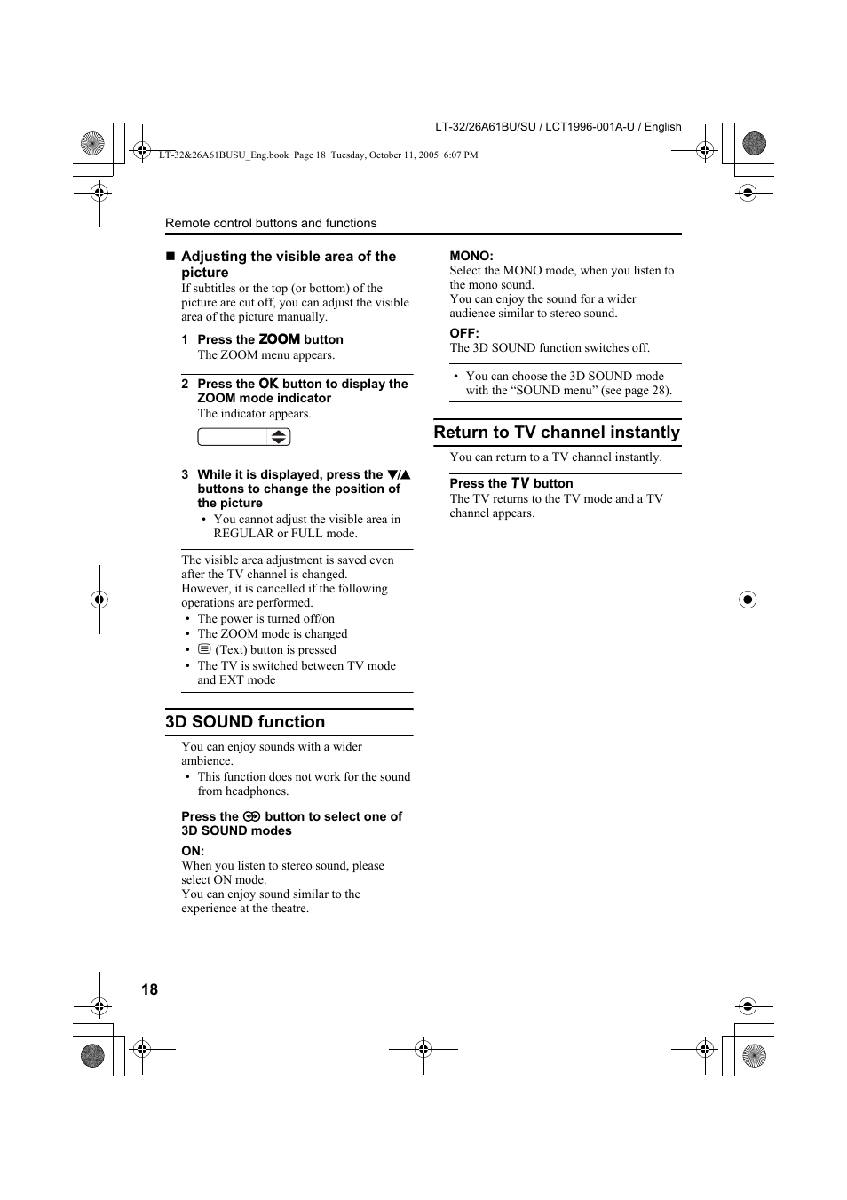3d sound function, Return to tv channel instantly, 3d sound function return to tv channel instantly | JVC WIDE LCD PANEL TV LT-26A61BJ User Manual | Page 71 / 104
