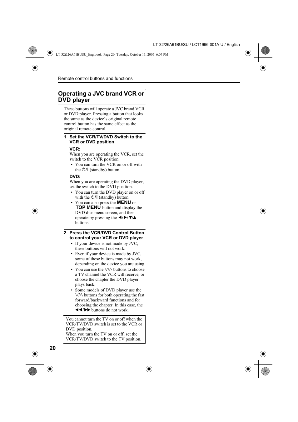 Operating a jvc brand vcr or dvd player, Operating a jvc brand vcr or dvd, Player | JVC WIDE LCD PANEL TV LT-26A61BJ User Manual | Page 73 / 104