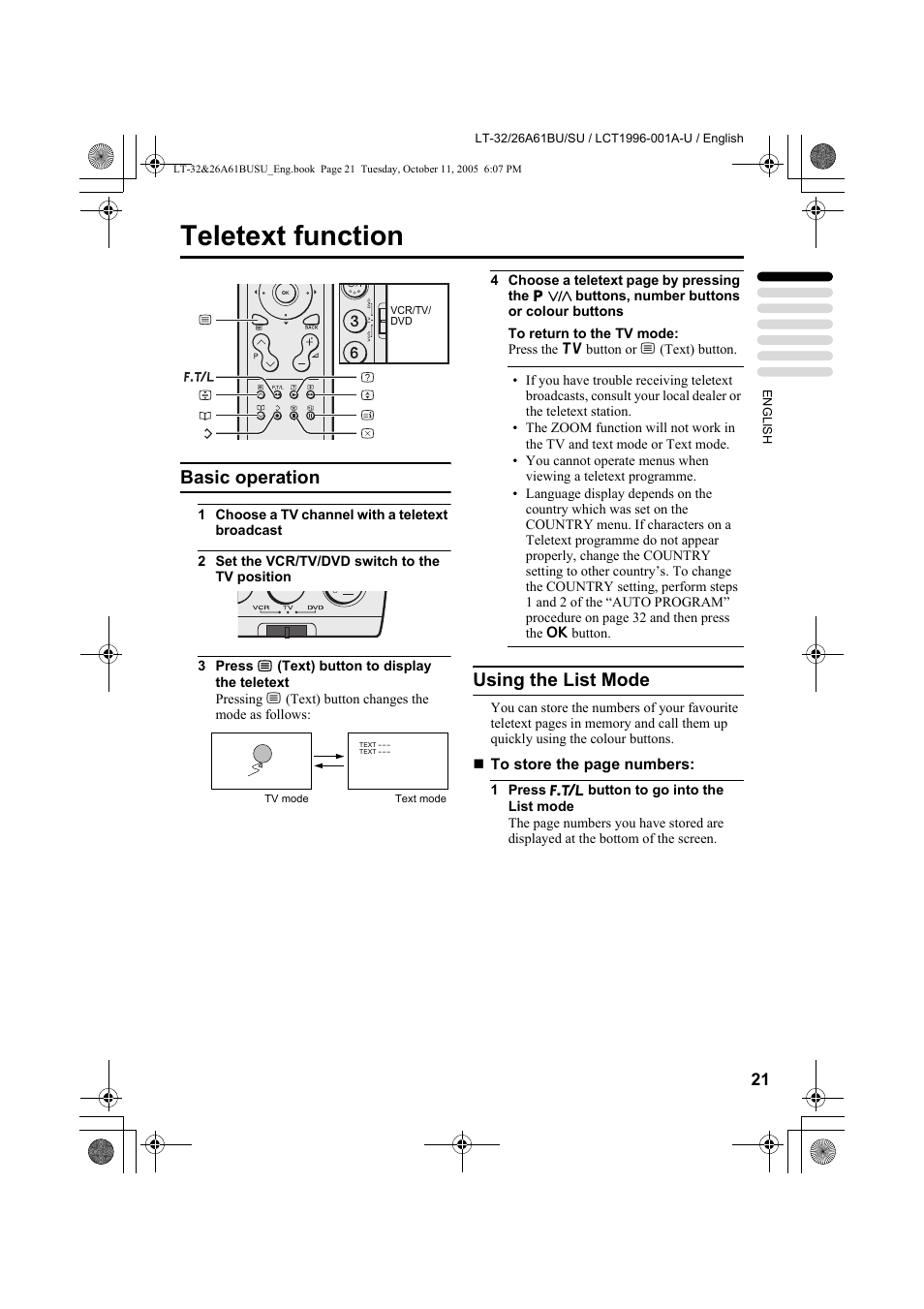 Teletext function, Basic operation, Using the list mode | Basic operation using the list mode | JVC WIDE LCD PANEL TV LT-26A61BJ User Manual | Page 74 / 104