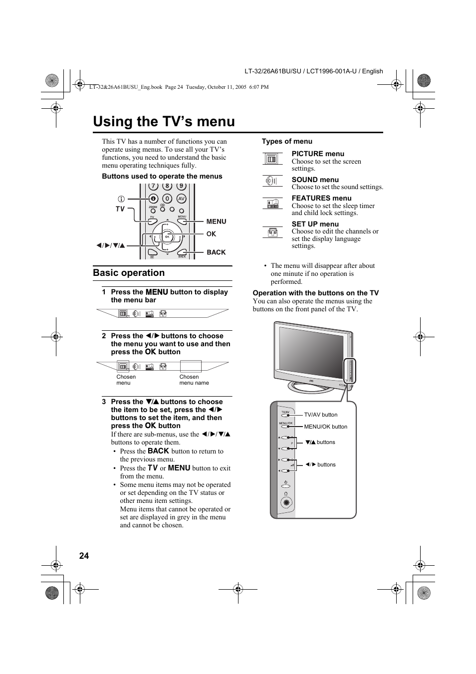 Using the tv’s menu, Basic operation | JVC WIDE LCD PANEL TV LT-26A61BJ User Manual | Page 77 / 104