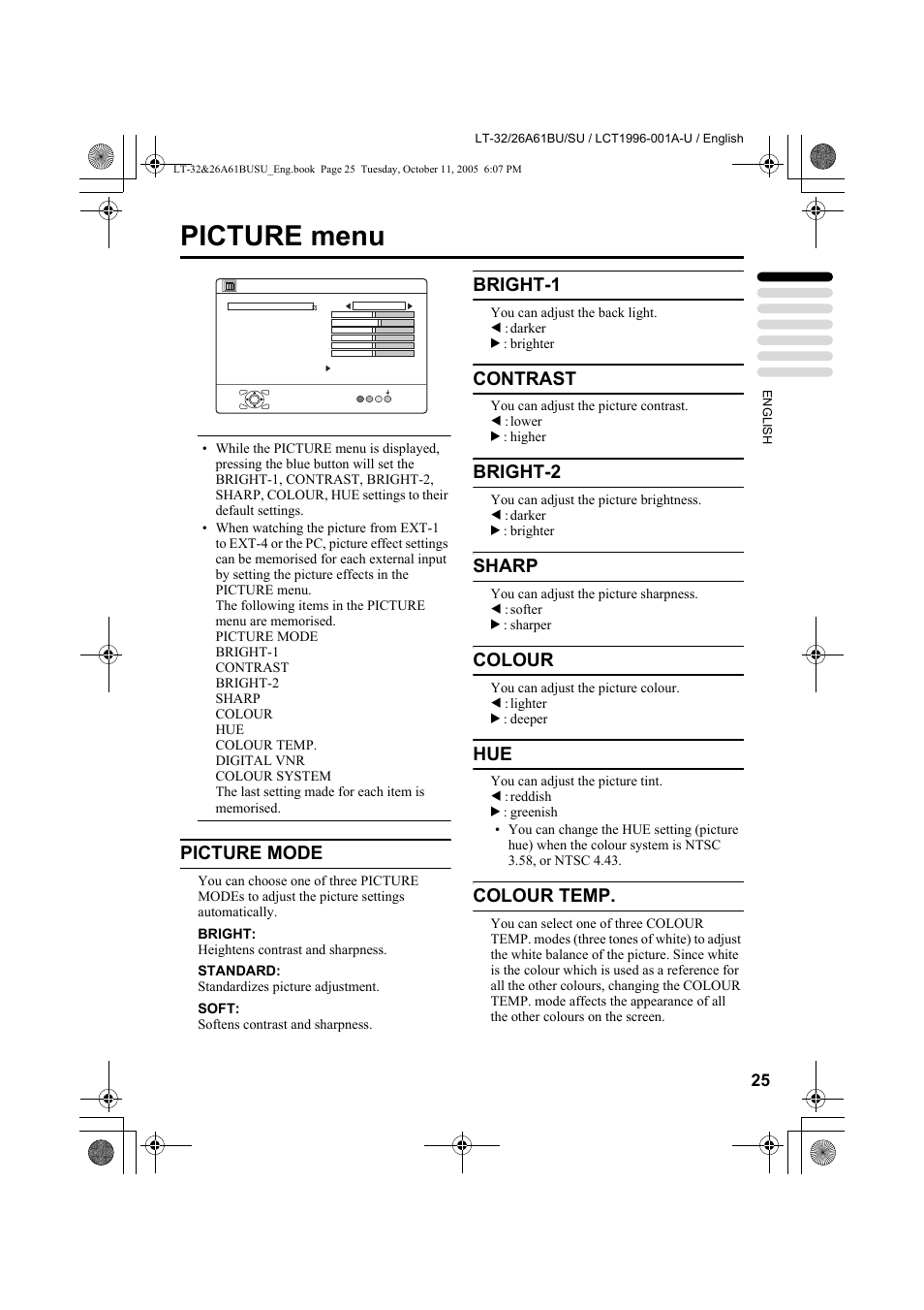 Picture menu, Picture mode, Bright-1 | Contrast, Bright-2, Sharp, Colour, Colour temp | JVC WIDE LCD PANEL TV LT-26A61BJ User Manual | Page 78 / 104