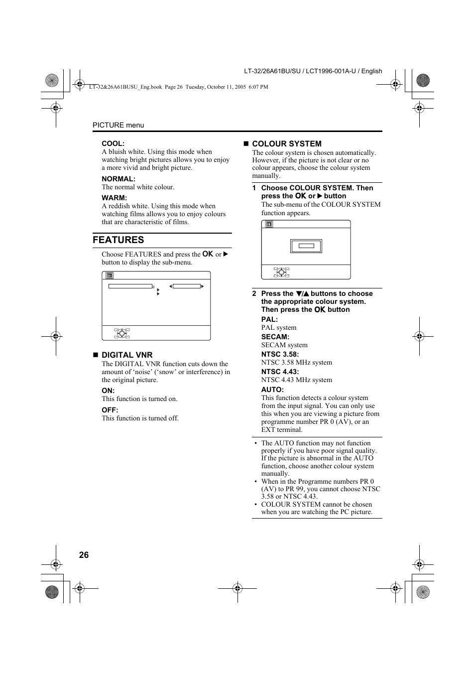 Features, Colour system” on | JVC WIDE LCD PANEL TV LT-26A61BJ User Manual | Page 79 / 104