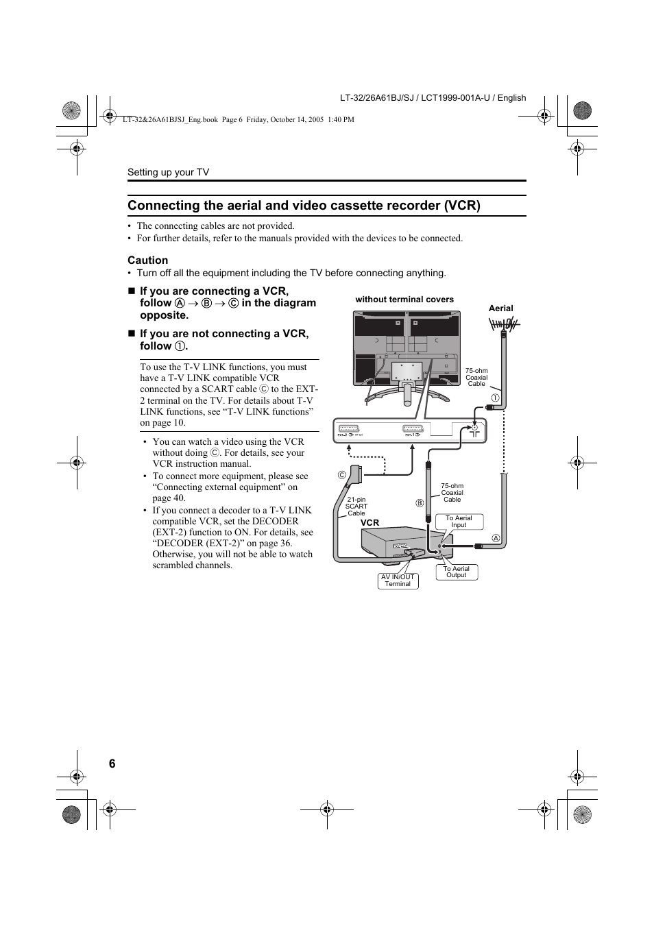 Connecting the aerial and video cassette, Recorder (vcr) | JVC WIDE LCD PANEL TV LT-26A61BJ User Manual | Page 8 / 104