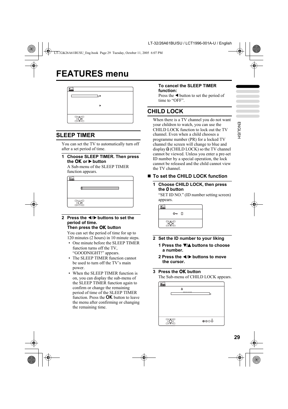 Features menu, Sleep timer, Child lock | Sleep timer child lock | JVC WIDE LCD PANEL TV LT-26A61BJ User Manual | Page 82 / 104