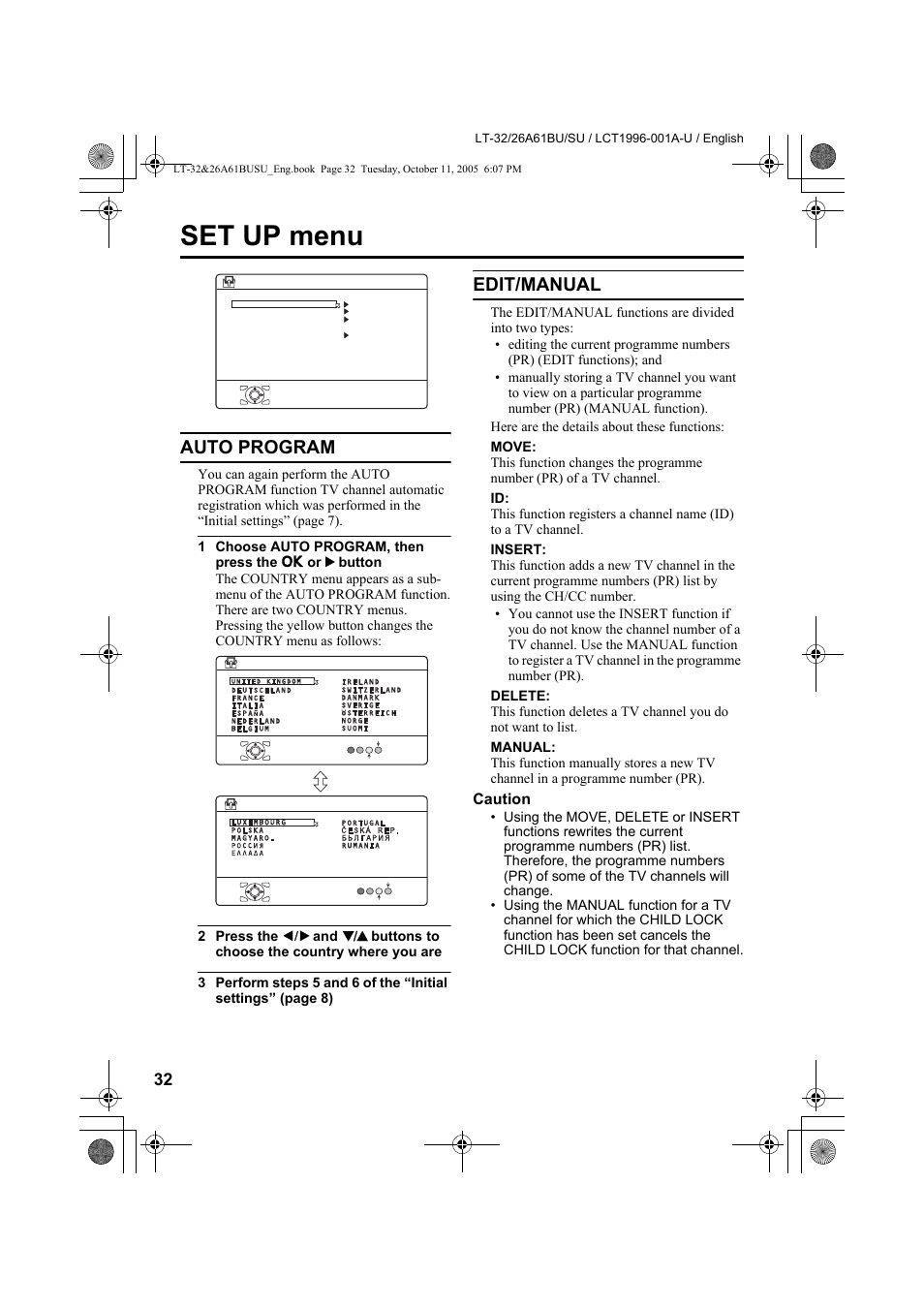 Set up menu, Auto program, Edit/manual | Auto program edit/manual, Edit | JVC WIDE LCD PANEL TV LT-26A61BJ User Manual | Page 85 / 104