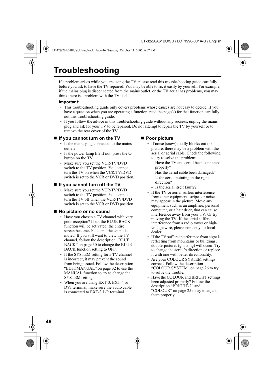 Troubleshooting | JVC WIDE LCD PANEL TV LT-26A61BJ User Manual | Page 99 / 104