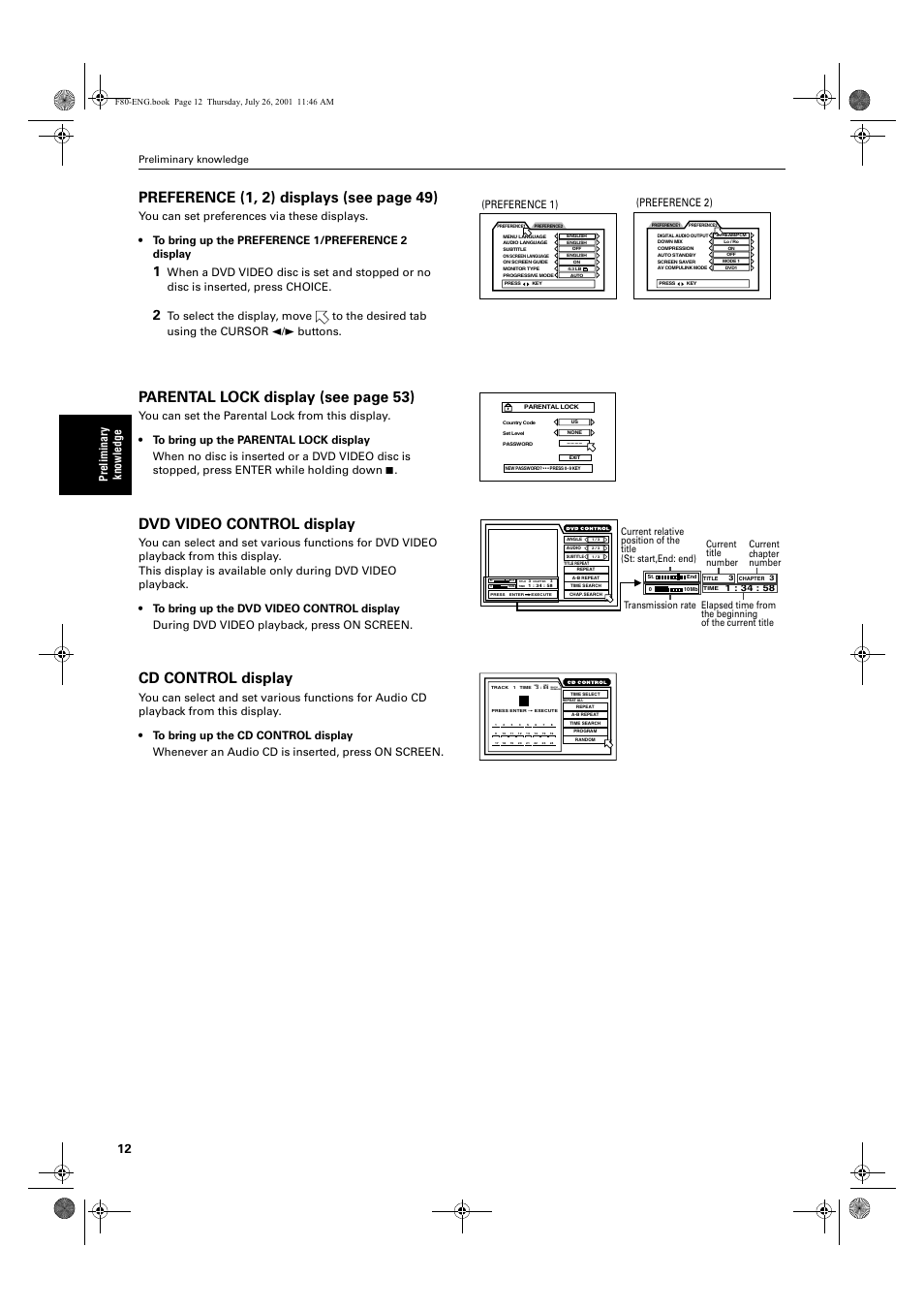 Preference (1, 2) displays (see page 49), Parental lock display (see page 53), Dvd video control display | Cd control display, Pre lim in ar y kn ow le dge, Preference 1), Preference 2), Preliminary knowledge | JVC XV-F80BK User Manual | Page 14 / 67