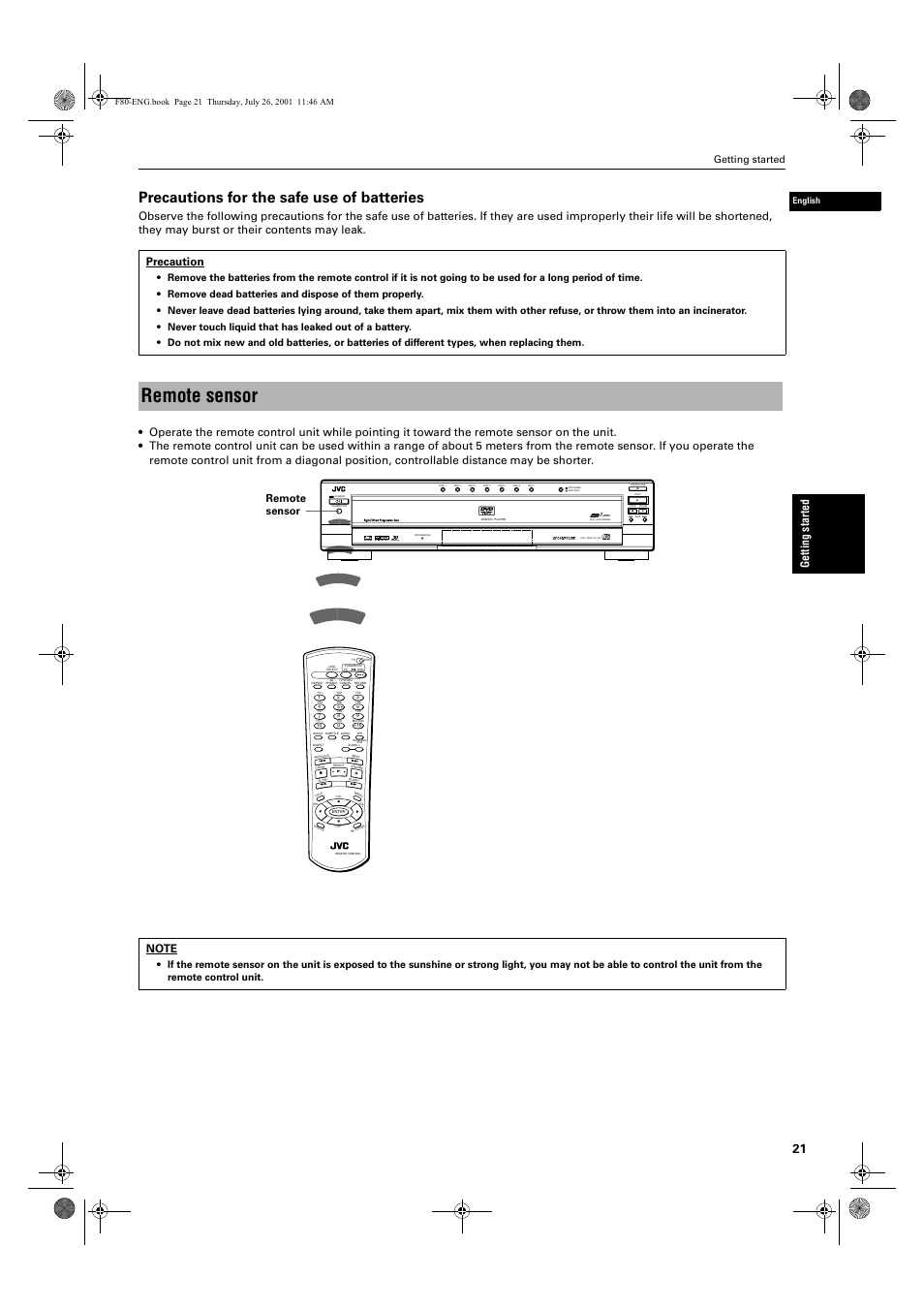 Remote sensor, Precautions for the safe use of batteries, Ge ttin g s ta rte d | Getting started, English, 1*errn 3djh  7kxuvgd\ -xo\    $0 | JVC XV-F80BK User Manual | Page 23 / 67