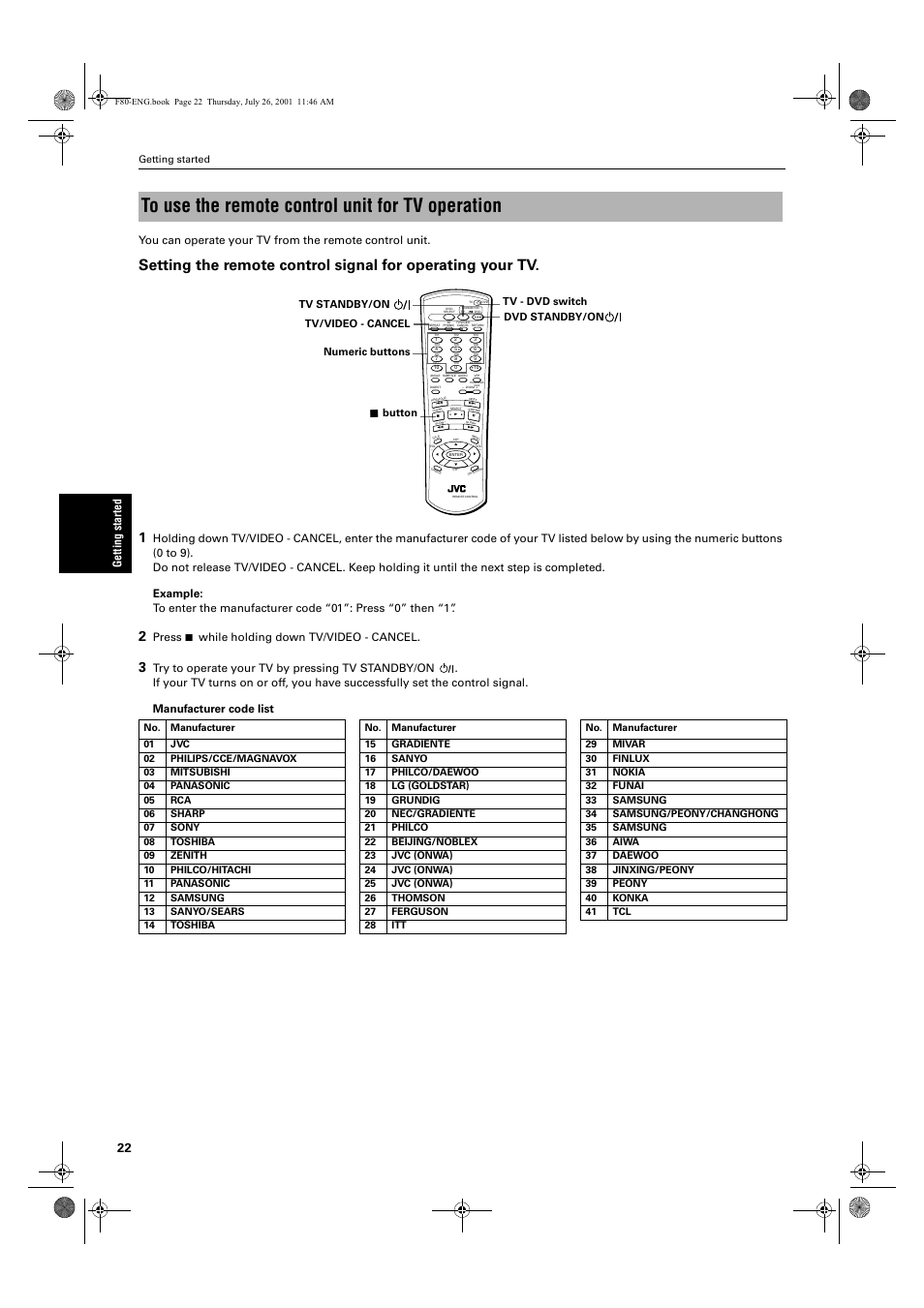 Press 7 while holding down tv/video - cancel | JVC XV-F80BK User Manual | Page 24 / 67