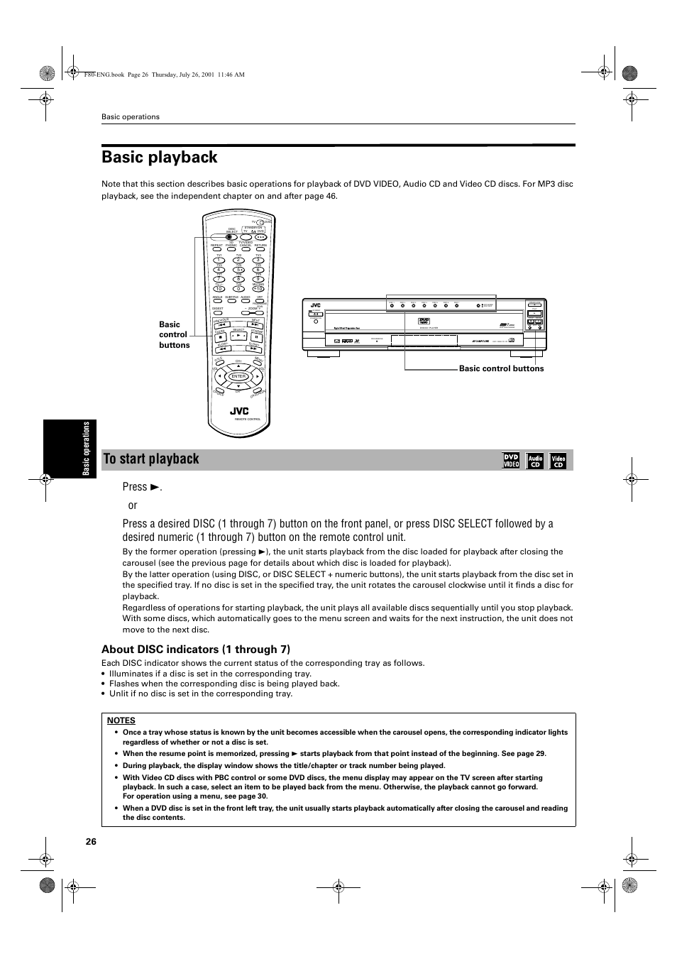Basic playback, About disc indicators (1 through 7), Ba sic op er ati o ns | Basic control buttons, Basic operations | JVC XV-F80BK User Manual | Page 28 / 67
