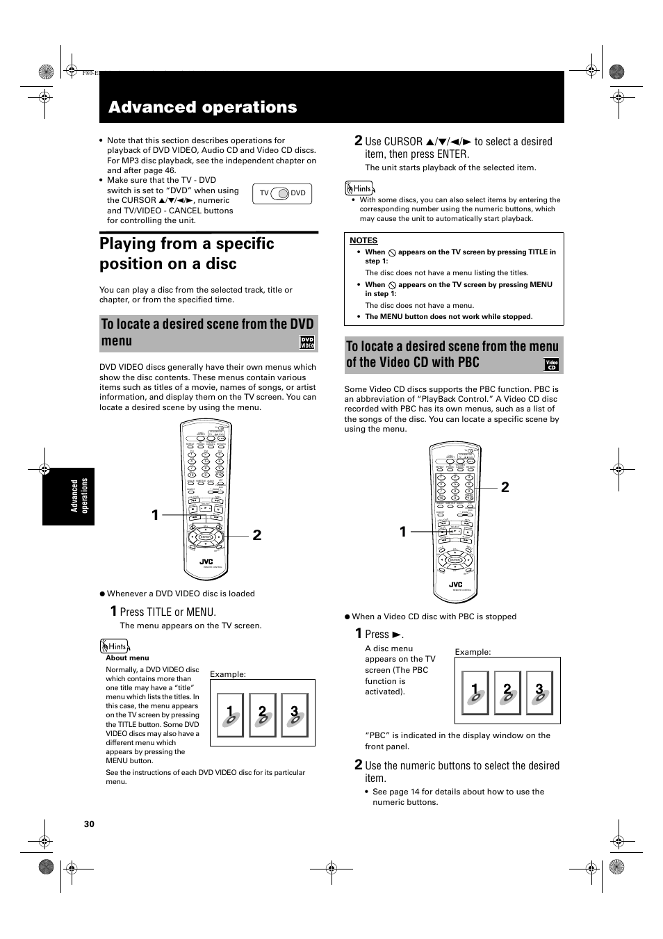 Advanced operations, Playing from a specific position on a disc, Press title or menu | Press 3, Use the numeric buttons to select the desired item, Ad va nc e d op er atio n s, The menu appears on the tv screen, The unit starts playback of the selected item, Example, Tv dvd | JVC XV-F80BK User Manual | Page 32 / 67