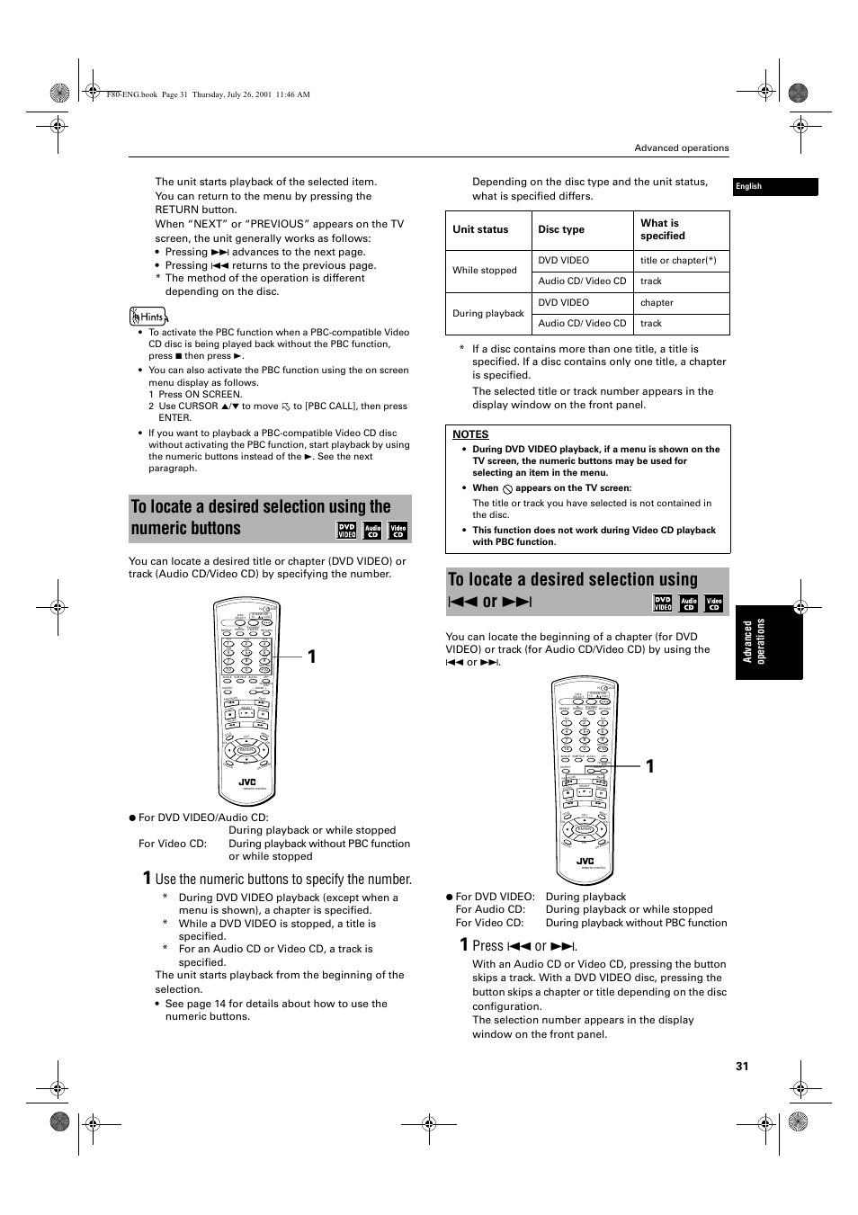 Use the numeric buttons to specify the number, Press 4 or, Ad va nc e d op er a tio ns | Unit status disc type what is specified, Advanced operations | JVC XV-F80BK User Manual | Page 33 / 67