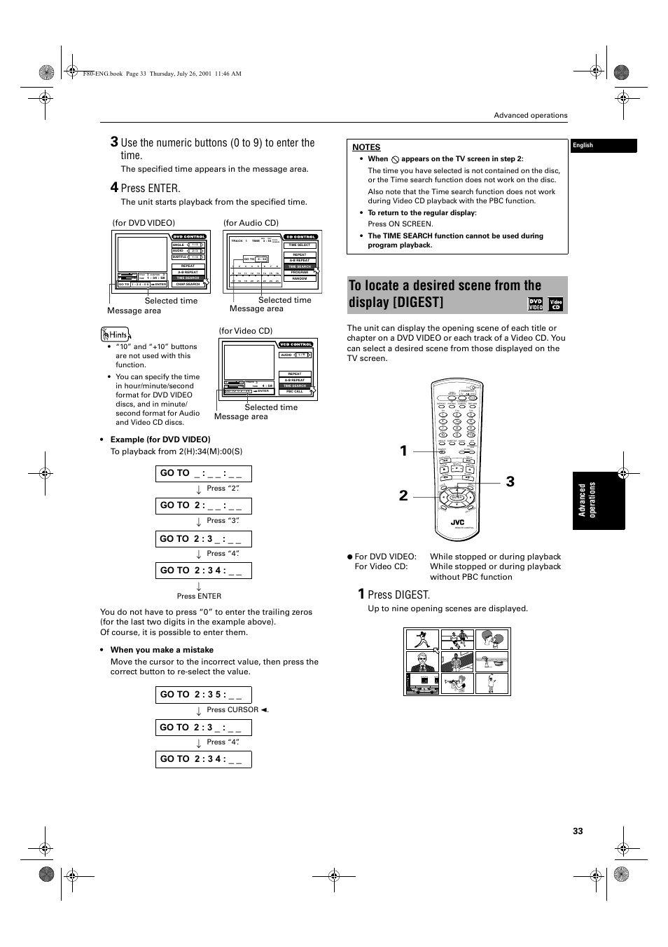 Use the numeric buttons (0 to 9) to enter the time, Press enter, Press digest | Ad va nc e d op er a tio ns, The specified time appears in the message area, The unit starts playback from the specified time, Up to nine opening scenes are displayed, For dvd video) selected time message area, For audio cd) selected time message area, For video cd) selected time message area | JVC XV-F80BK User Manual | Page 35 / 67