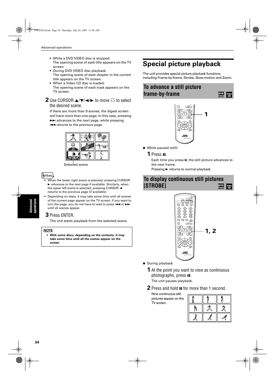 Special picture playback, Press enter, Press 8 | Press and hold 8 for more than 1 second, The unit starts playback from the selected scene, The unit pauses playback, Selected scene, Advanced operations | JVC XV-F80BK User Manual | Page 36 / 67