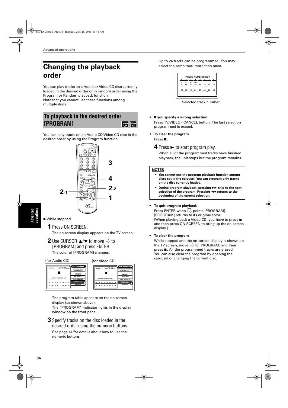 Changing the playback order, Press on screen, Press 3 to start program play | Ad va nc e d op er atio n s, The on-screen display appears on the tv screen, For audio cd), Selected track number, Advanced operations | JVC XV-F80BK User Manual | Page 38 / 67