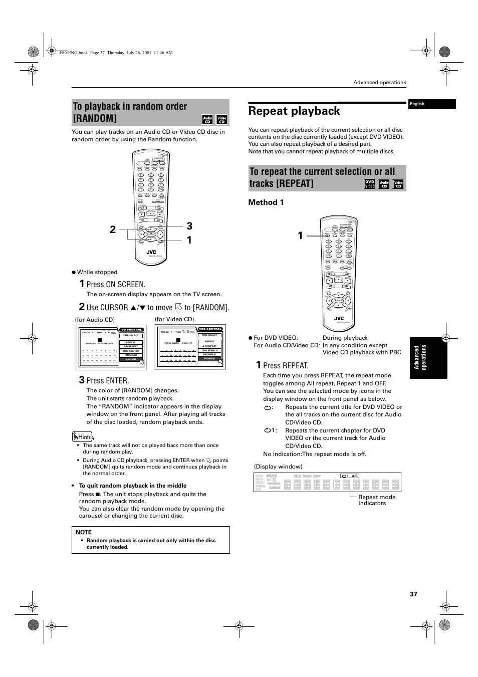 Repeat playback, Press on screen, Use cursor 5/∞ to move to [random | Press enter, Method 1, Press repeat, Ad va nc e d op er a tio ns, The on-screen display appears on the tv screen, For video cd), For audio cd) | JVC XV-F80BK User Manual | Page 39 / 67