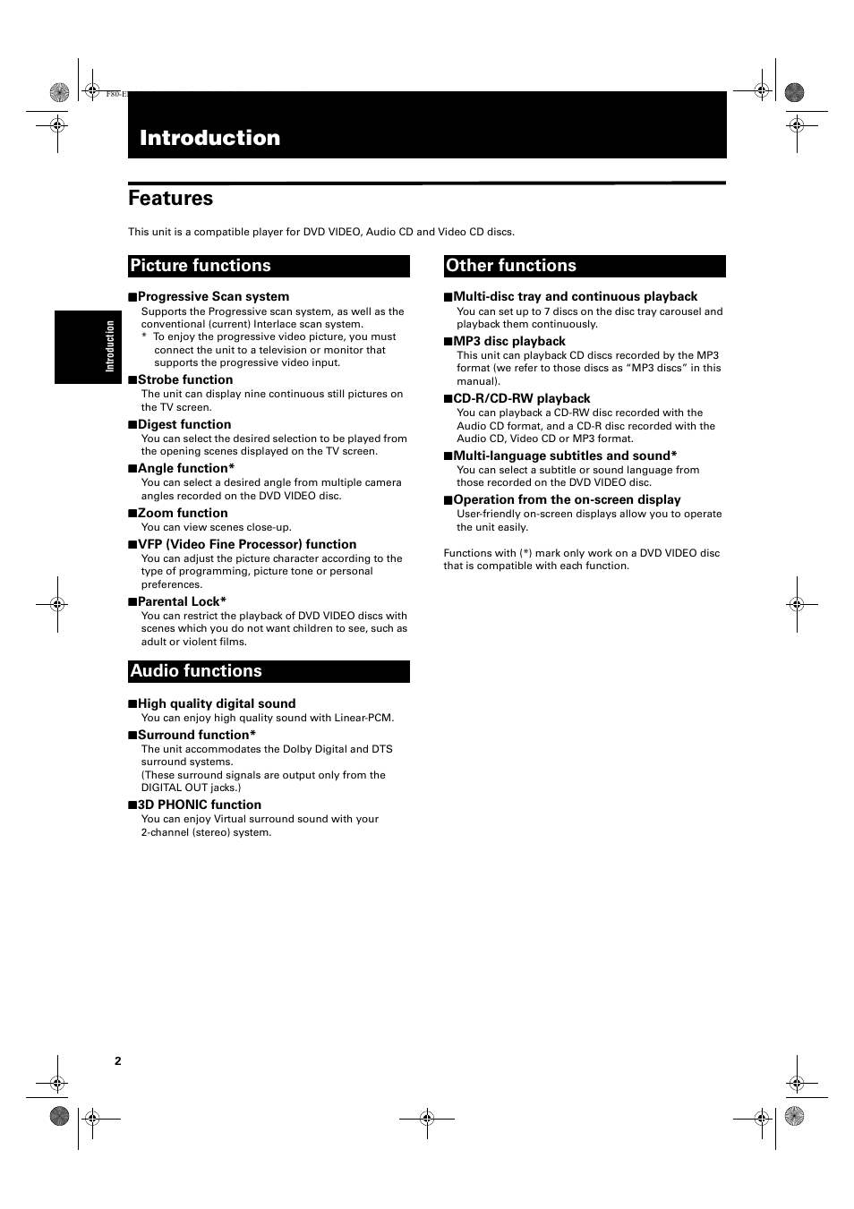 Introduction, Introduction features, Picture functions audio functions other functions | JVC XV-F80BK User Manual | Page 4 / 67