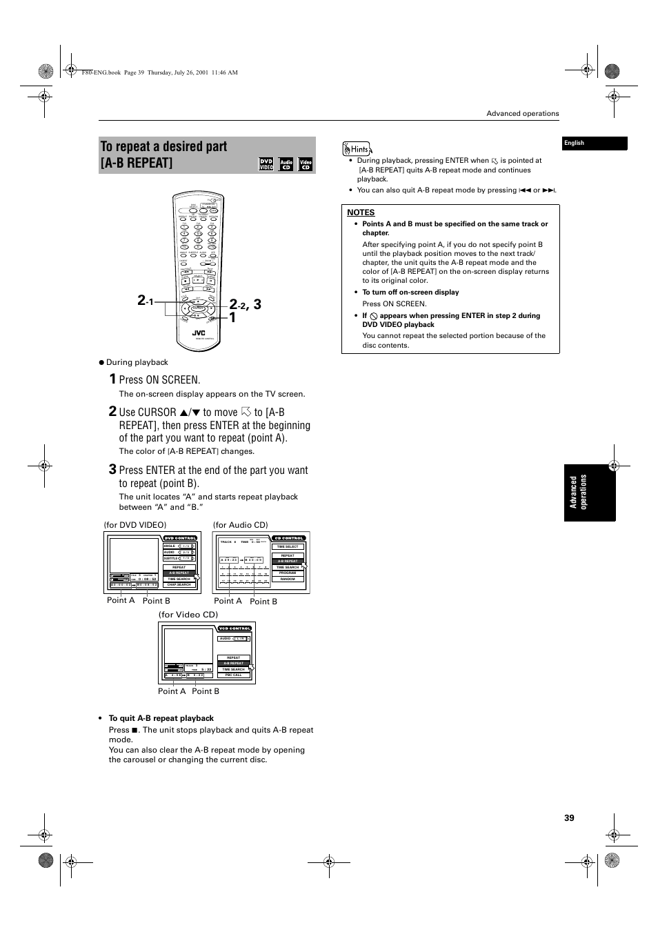 Press on screen, Ad va nc e d op er a tio ns, During playback | The on-screen display appears on the tv screen, The color of, A-b repeat, Changes, For audio cd) point a point b, For dvd video) point a point b, Advanced operations | JVC XV-F80BK User Manual | Page 41 / 67