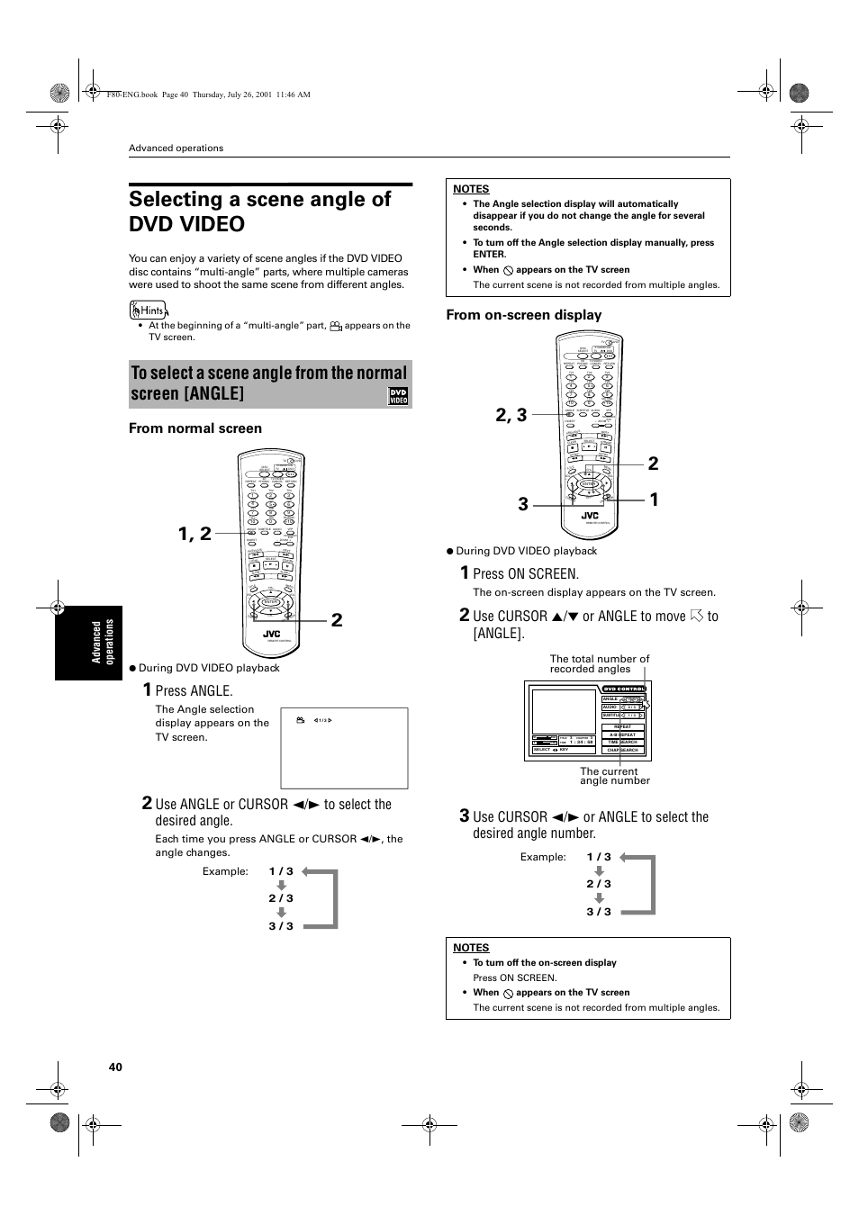 Selecting a scene angle of dvd video, Press angle, Press on screen | Use cursor 5/∞ or angle to move to [angle, Ad va nc e d op er atio n s, During dvd video playback, The on-screen display appears on the tv screen, Advanced operations | JVC XV-F80BK User Manual | Page 42 / 67