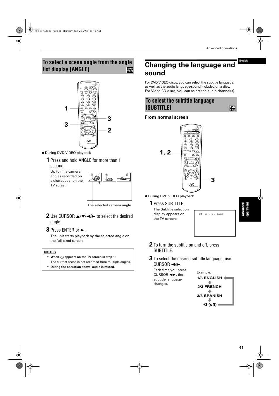 Changing the language and sound, Press and hold angle for more than 1 second, Use cursor 5/∞/2/3 to select the desired angle | Press enter or 3, Press subtitle, Ad va nc e d op er a tio ns, During dvd video playback, The selected camera angle, Advanced operations | JVC XV-F80BK User Manual | Page 43 / 67