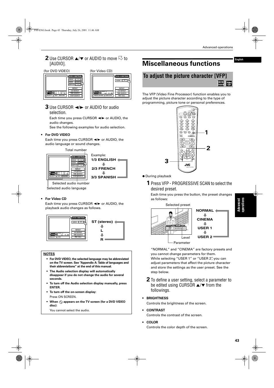Miscellaneous functions, Use cursor 5/∞ or audio to move to [audio, Use cursor 2/3 or audio for audio selection | Ad va nc e d op er a tio ns, For dvd video), Advanced operations | JVC XV-F80BK User Manual | Page 45 / 67