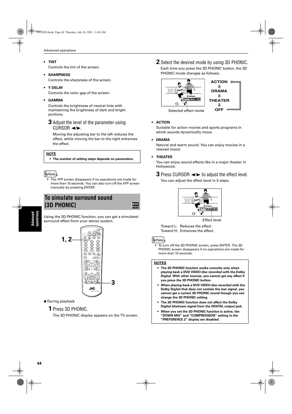 Adjust the level of the parameter using cursor 2/3, Press 3d phonic, Select the desired mode by using 3d phonic | Press cursor 2/3 to adjust the effect level, The 3d phonic display appears on the tv screen, Selected effect mode action drama theater off, Effect level | JVC XV-F80BK User Manual | Page 46 / 67