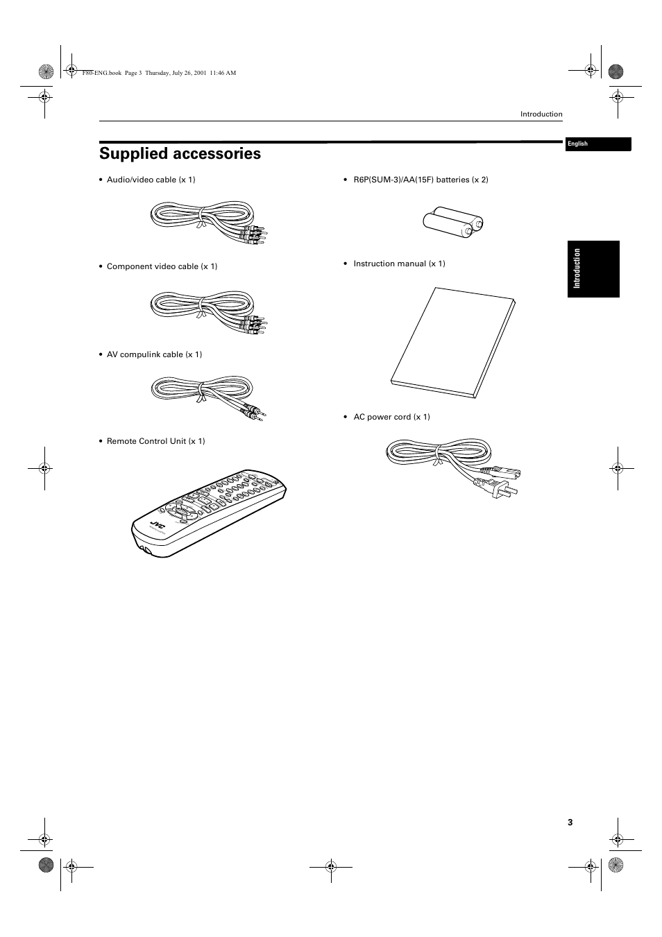 Supplied accessories, Pro gre ssiv e sca n, Introduction | English, 1*errn 3djh  7kxuvgd\ -xo\    $0 | JVC XV-F80BK User Manual | Page 5 / 67