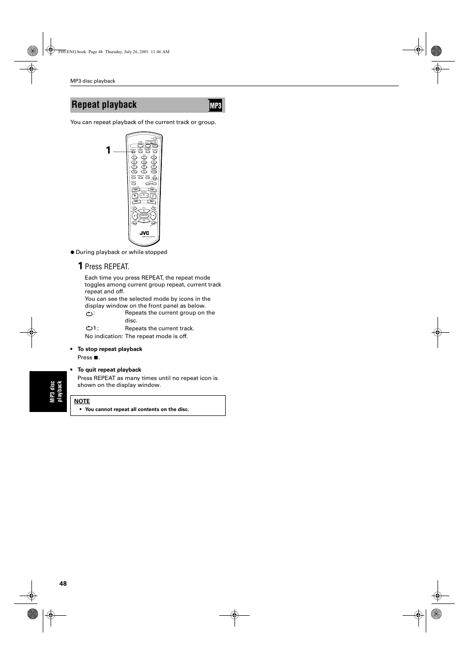 Repeat playback, Press repeat, Mp3 disc playback | You cannot repeat all contents on the disc | JVC XV-F80BK User Manual | Page 50 / 67