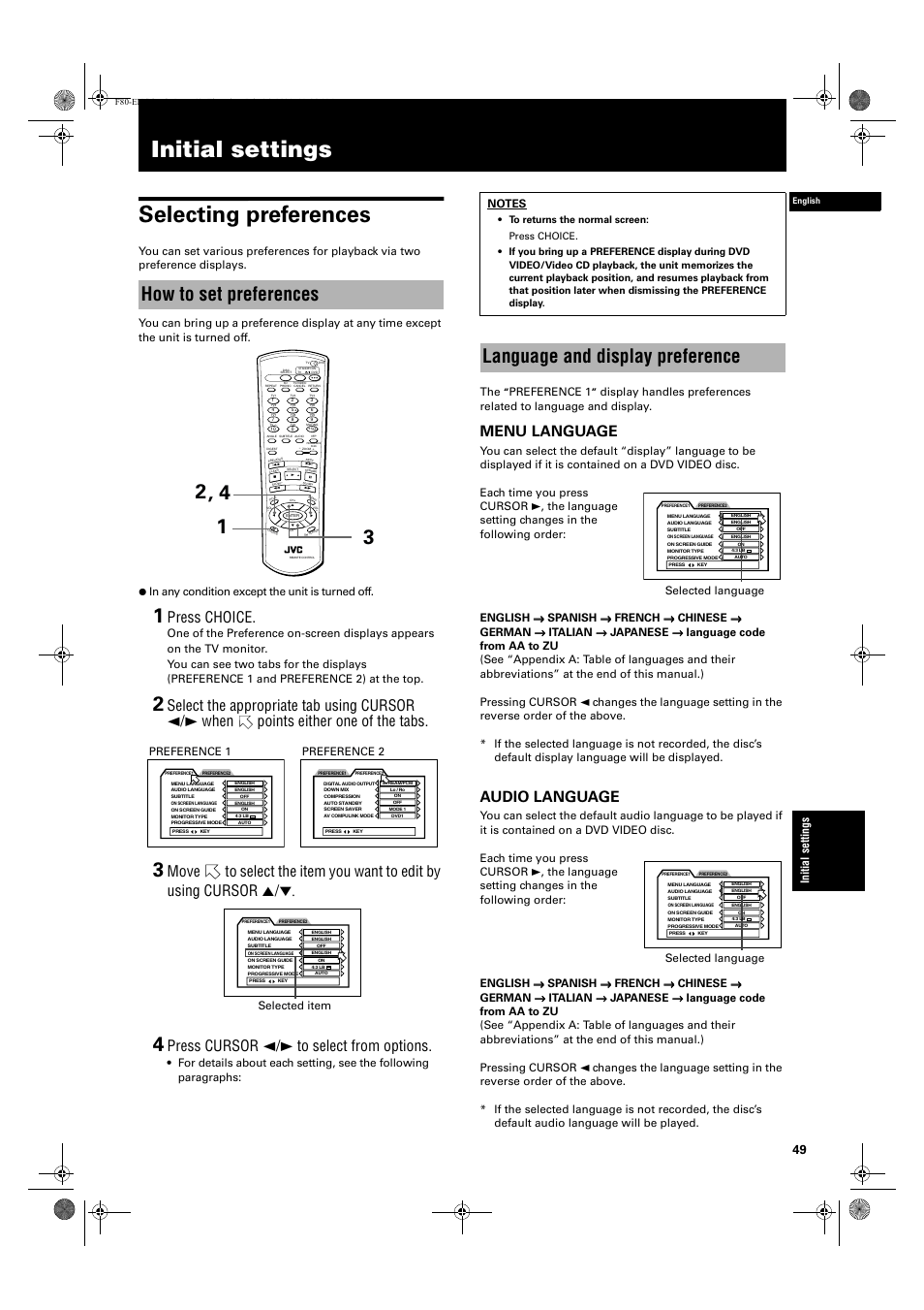 Initial settings, Initial settings selecting preferences, How to set preferences | Language and display preference, Press choice, Press cursor 2/3 to select from options, Menu language, Audio language, Preference 1, Preference 2 | JVC XV-F80BK User Manual | Page 51 / 67
