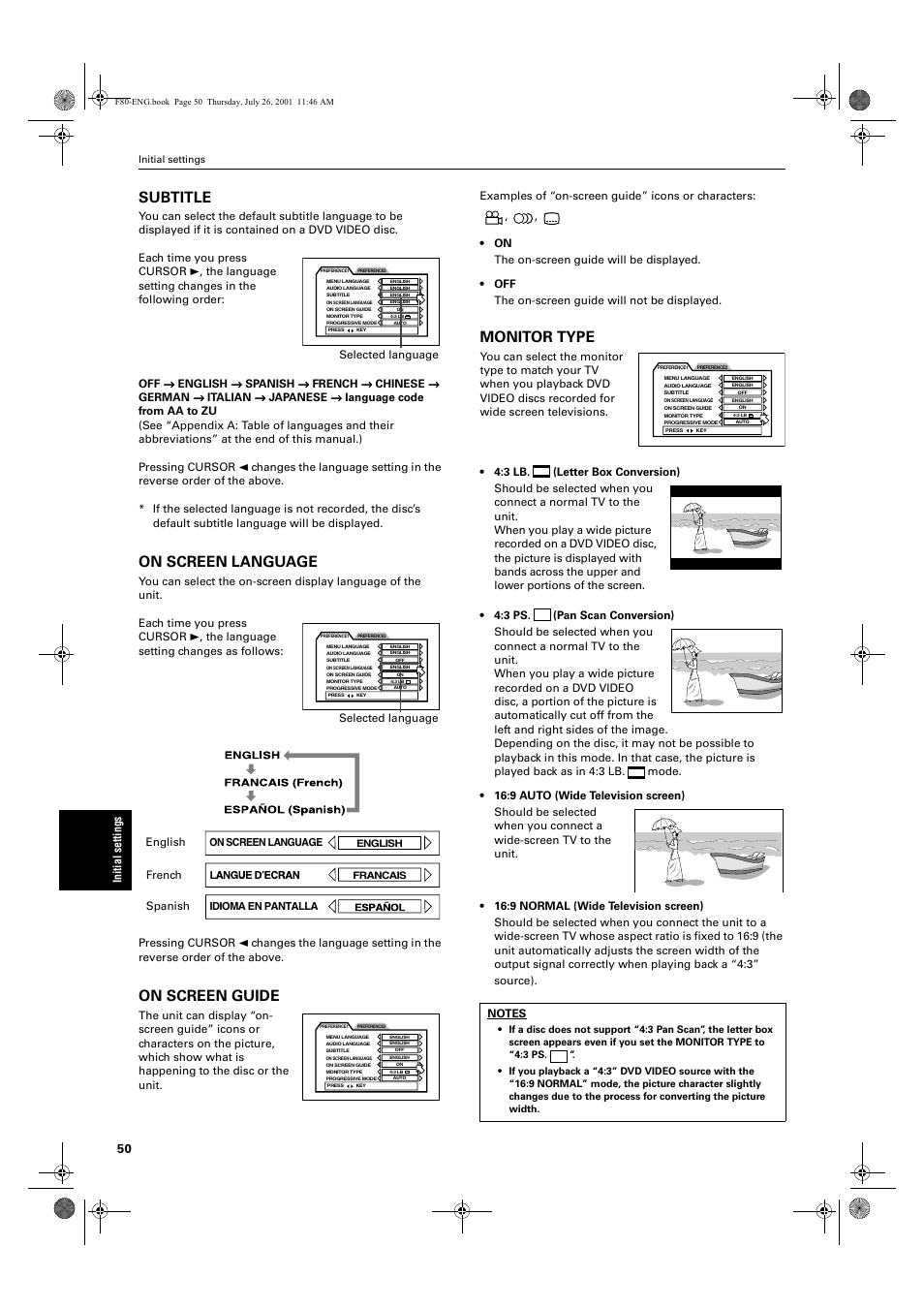 Subtitle, On screen language, On screen guide | Monitor type | JVC XV-F80BK User Manual | Page 52 / 67