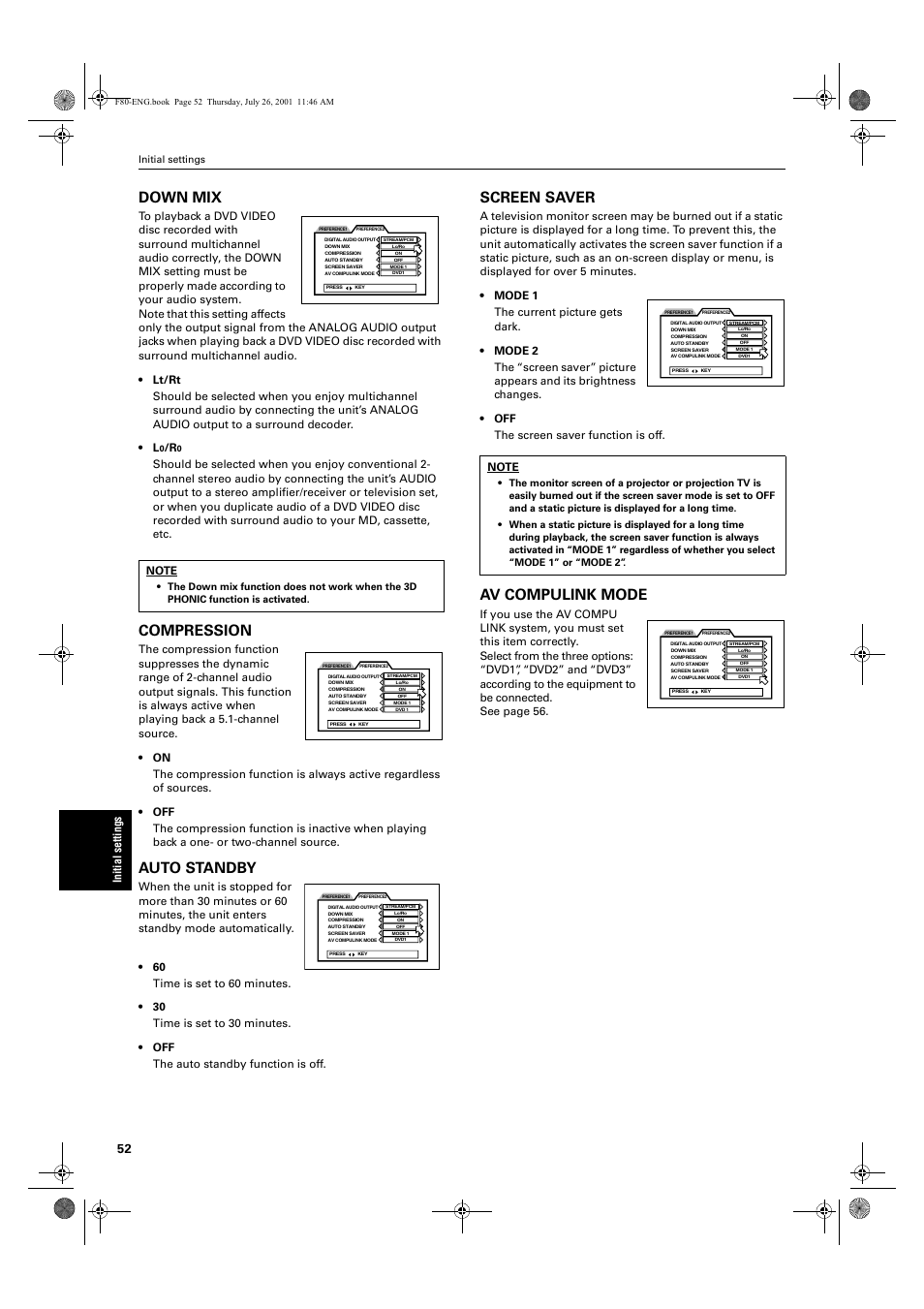Down mix, Compression, Auto standby | Screen saver, Av compulink mode, Init ial s e tti ng s | JVC XV-F80BK User Manual | Page 54 / 67