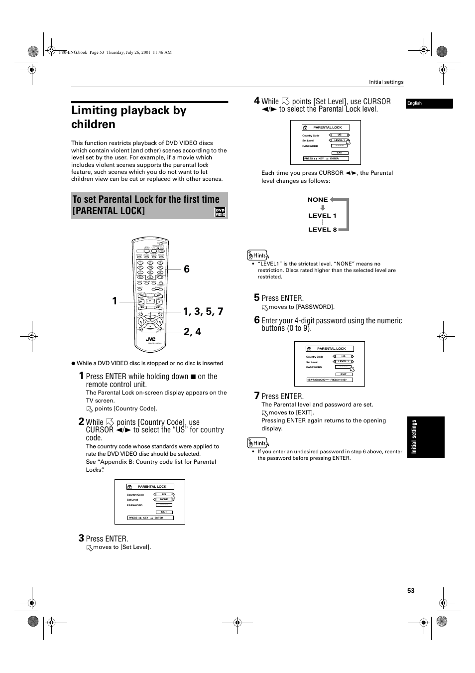 Limiting playback by children, Press enter, Moves to [set level | Moves to [password, None level 1 level 8 | JVC XV-F80BK User Manual | Page 55 / 67