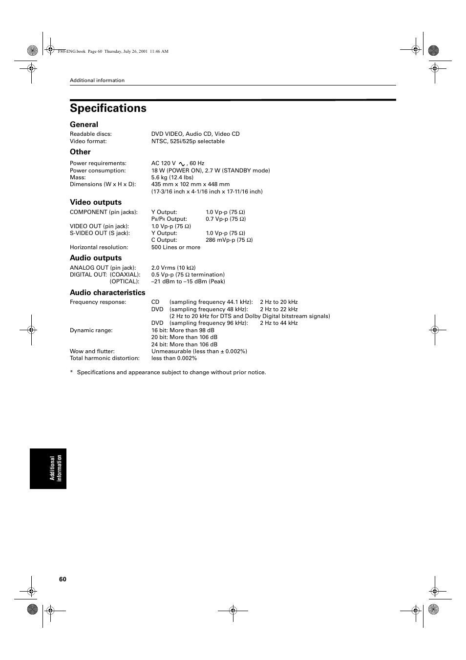 Specifications, General, Other | Video outputs, Audio outputs, Audio characteristics | JVC XV-F80BK User Manual | Page 62 / 67
