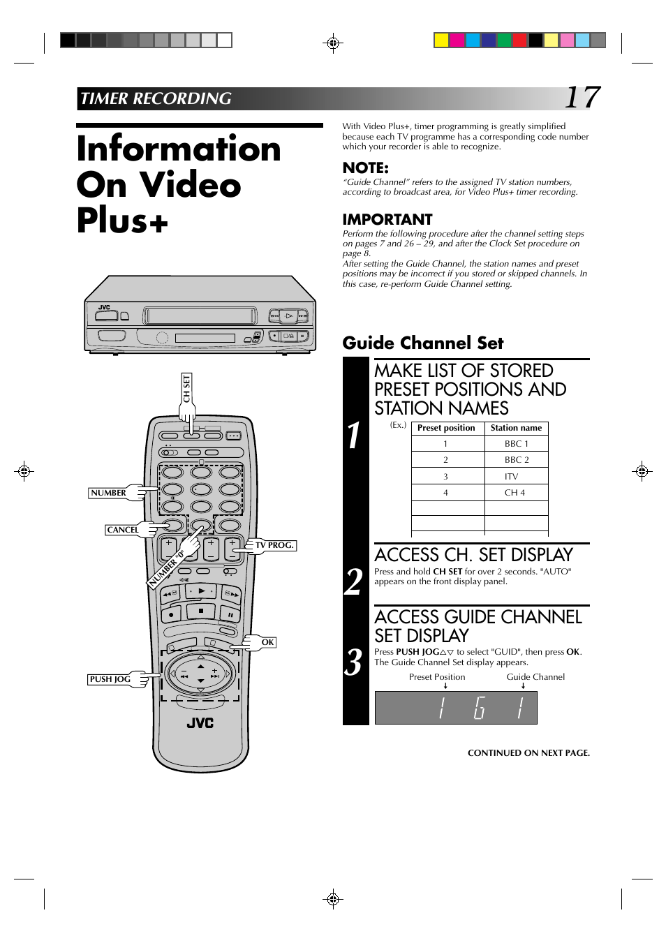 Information on video plus, Access ch. set display, Access guide channel set display | Timer recording, Guide channel set | JVC HR-A231EK User Manual | Page 17 / 40