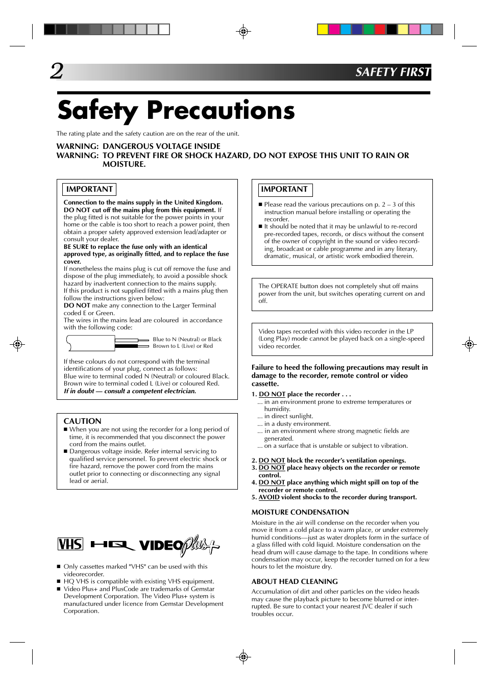 Safety precautions, Safety first | JVC HR-A231EK User Manual | Page 2 / 40