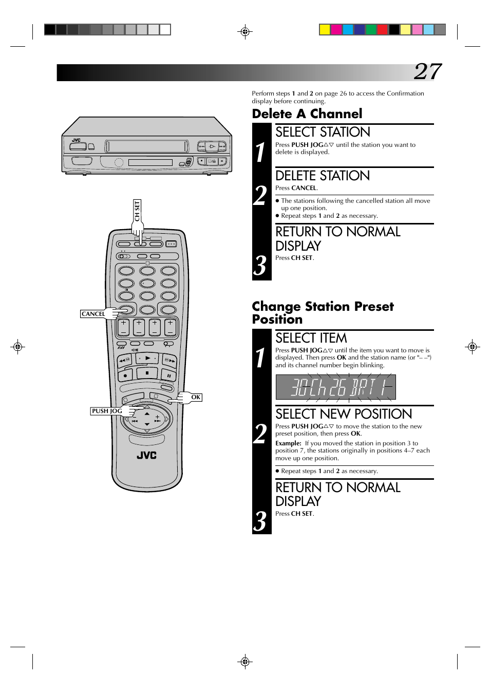 Select station, Delete station, Return to normal display | Select item, Select new position, Delete a channel change station preset position | JVC HR-A231EK User Manual | Page 27 / 40