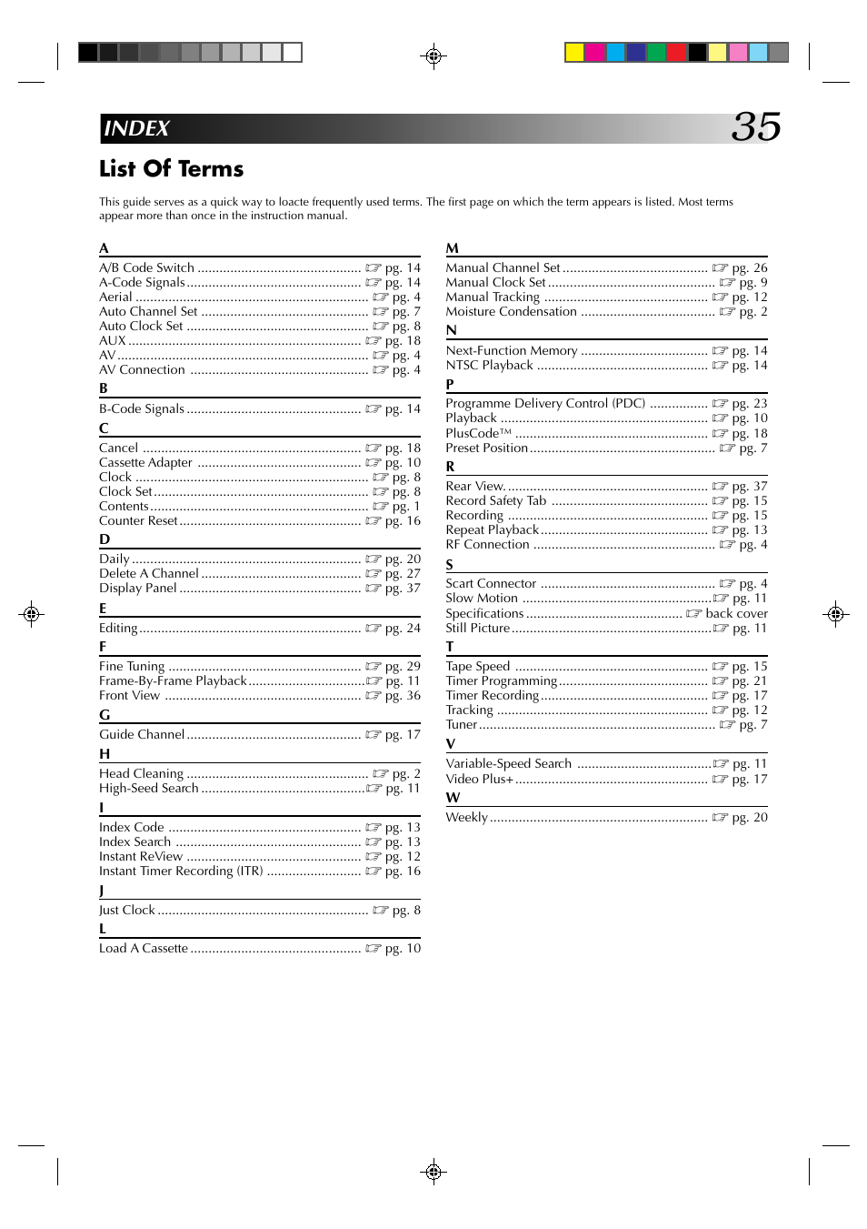 Index list of terms | JVC HR-A231EK User Manual | Page 35 / 40