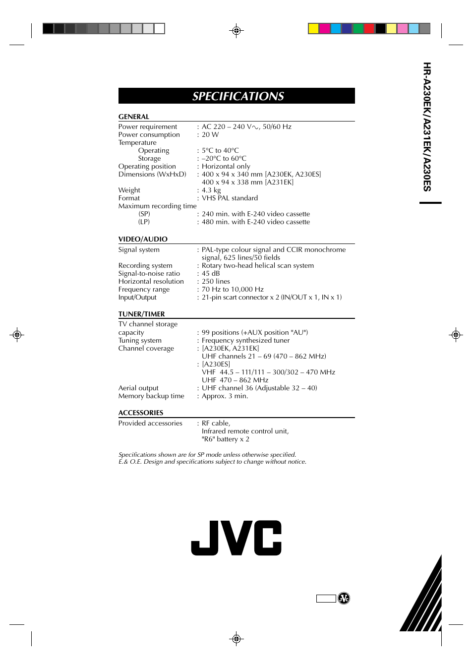 Specifications | JVC HR-A231EK User Manual | Page 40 / 40