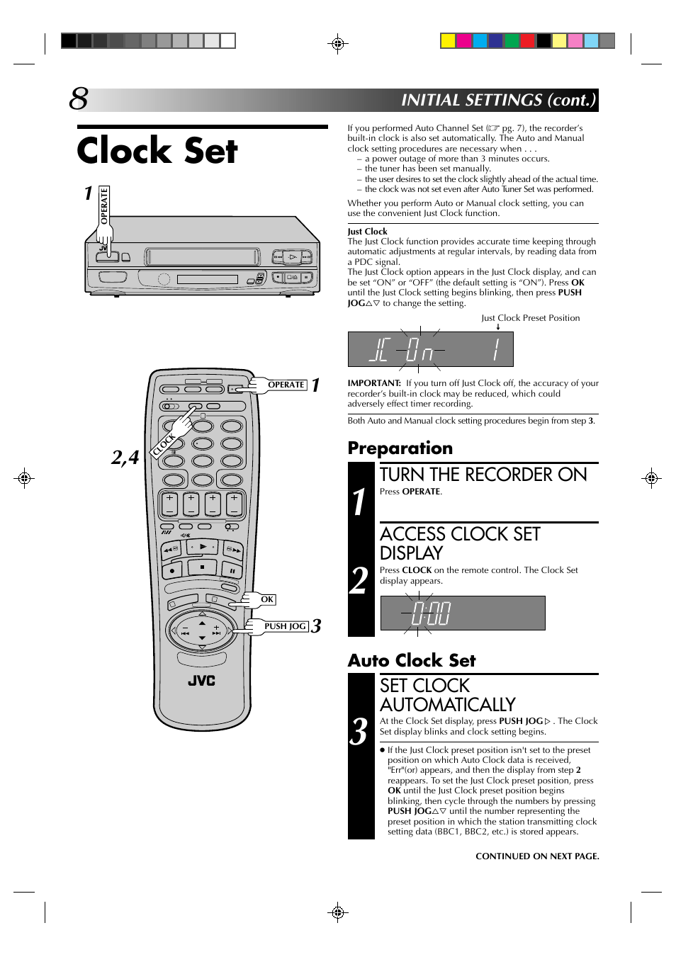 Clock set, Set clock automatically, Turn the recorder on | Access clock set display, Initial settings (cont.), Auto clock set preparation | JVC HR-A231EK User Manual | Page 8 / 40