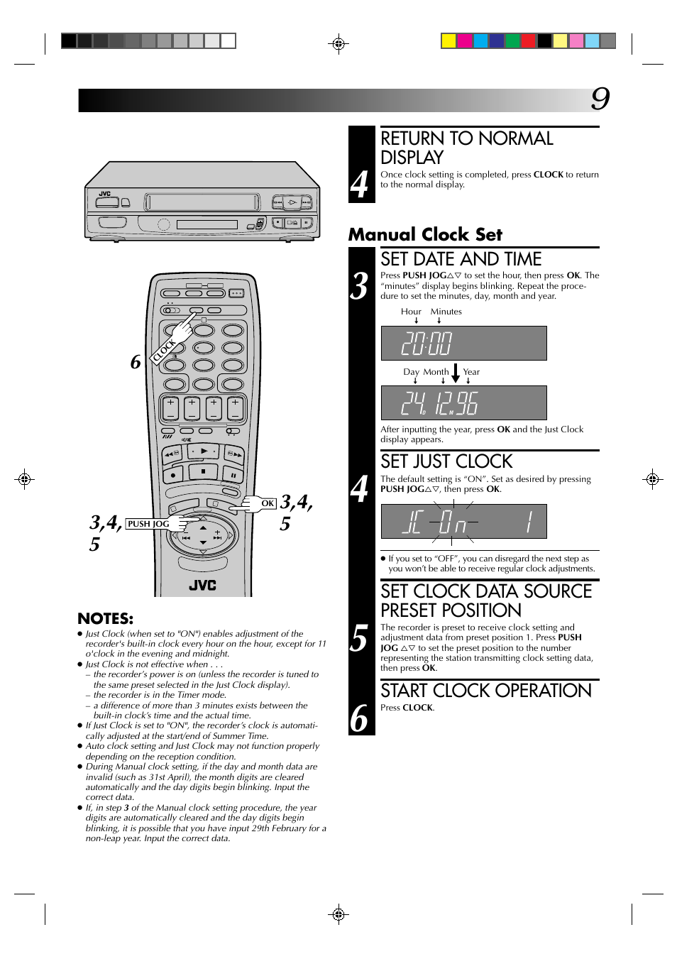 Return to normal display, Set date and time, Set just clock | Set clock data source preset position, Start clock operation, Manual clock set | JVC HR-A231EK User Manual | Page 9 / 40