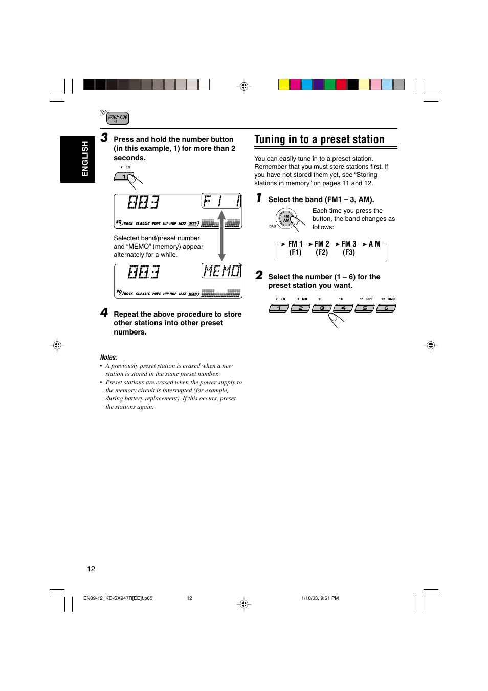 Tuning in to a preset station | JVC GET0126-001A User Manual | Page 12 / 56