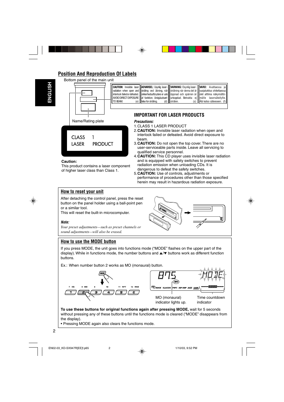 Position and reproduction of labels, How to reset your unit, How to use the mode button | English how to reset your unit, Important for laser products | JVC GET0126-001A User Manual | Page 2 / 56