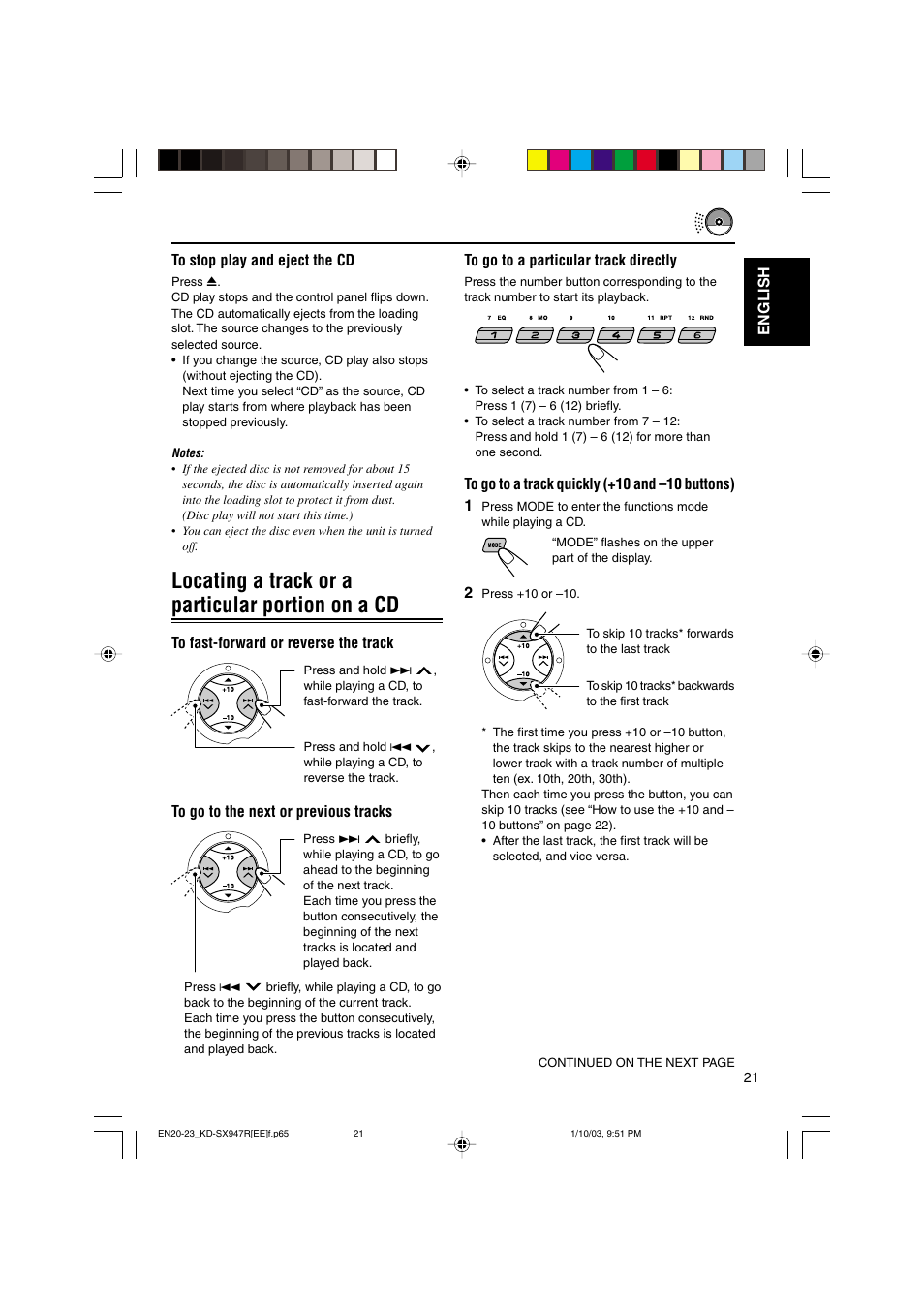 Locating a track or a particular portion on a cd, English to go to a particular track directly | JVC GET0126-001A User Manual | Page 21 / 56