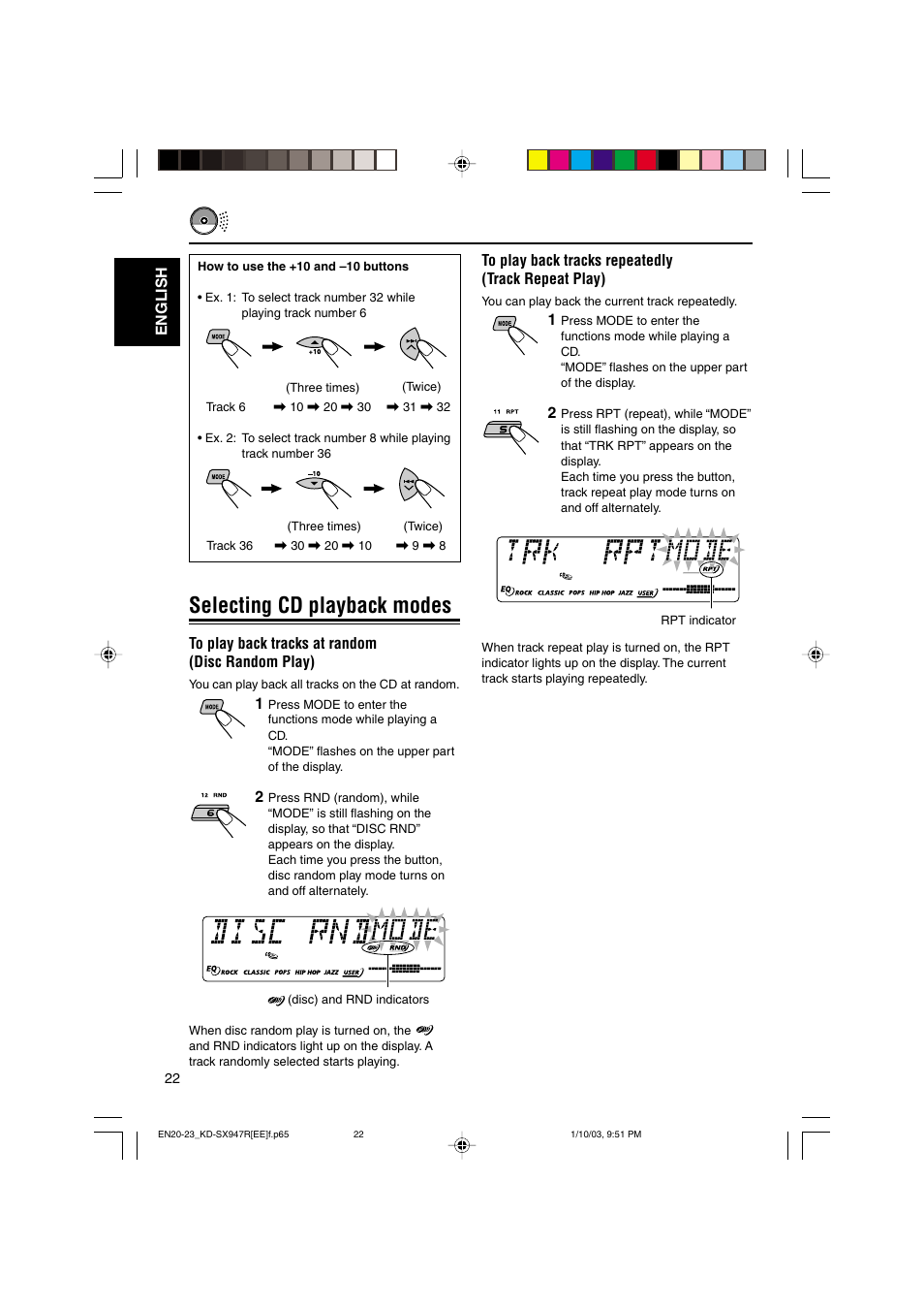 Selecting cd playback modes | JVC GET0126-001A User Manual | Page 22 / 56