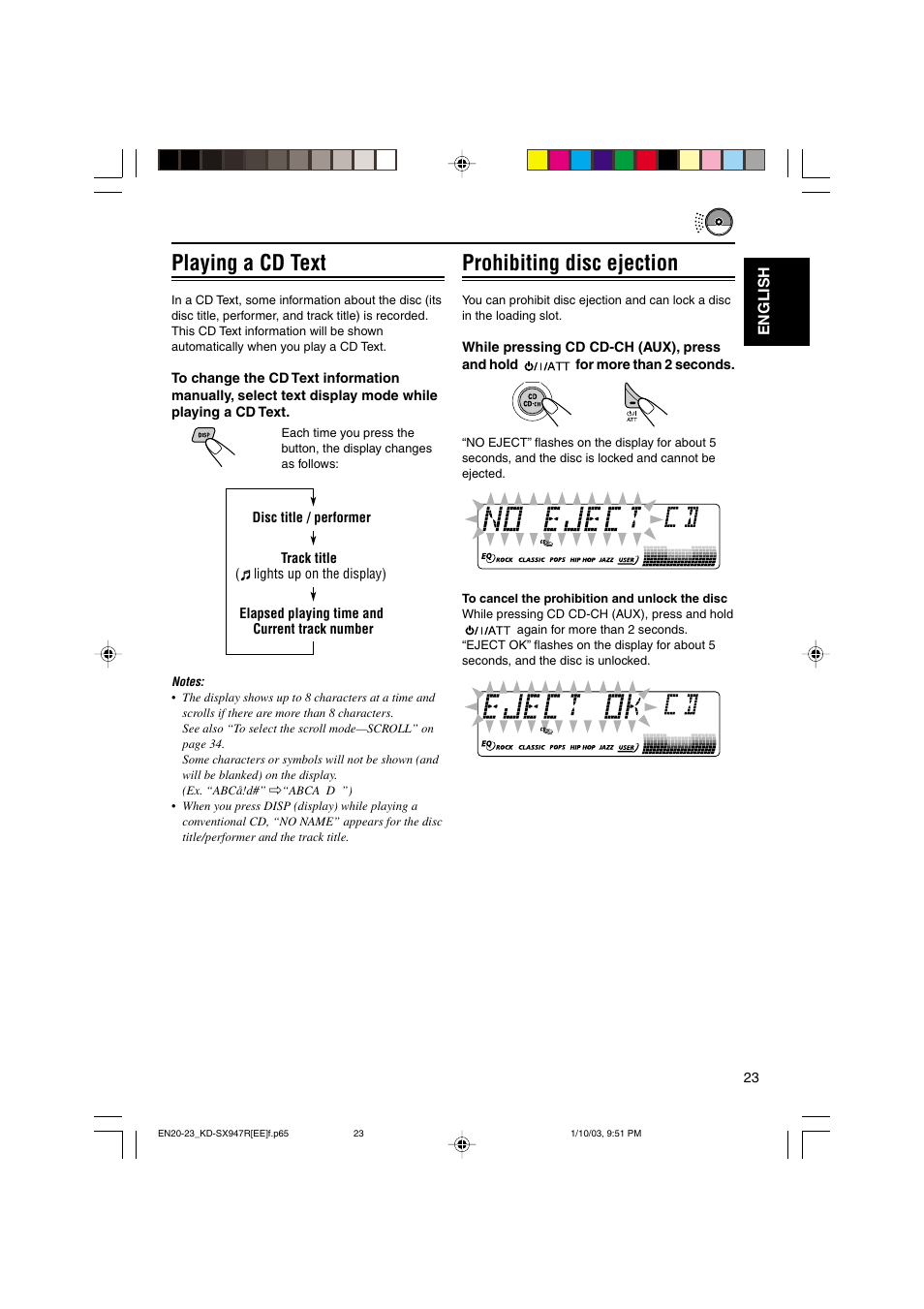 Prohibiting disc ejection, Playing a cd text | JVC GET0126-001A User Manual | Page 23 / 56