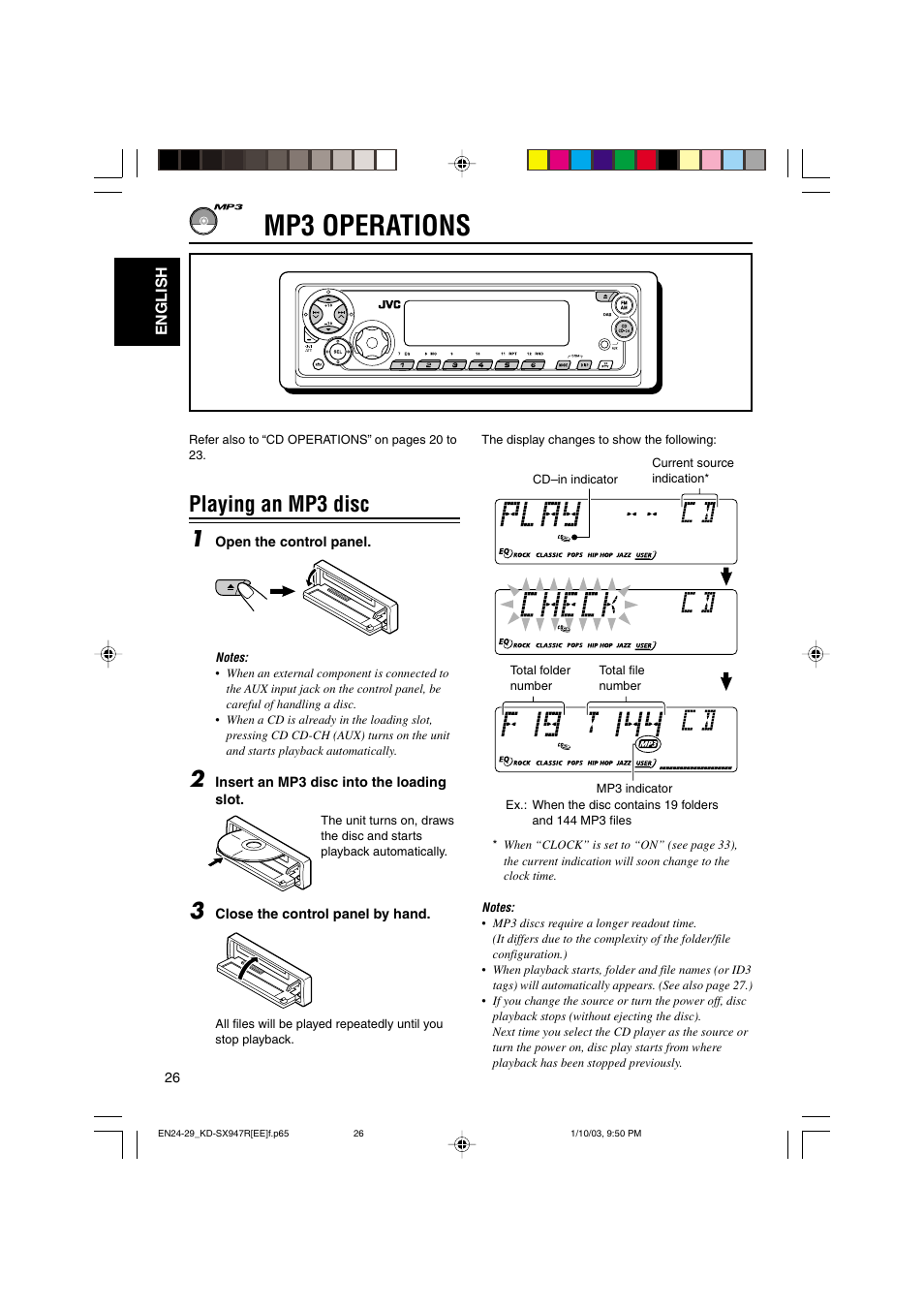 Mp3 operations, Playing an mp3 disc 1 | JVC GET0126-001A User Manual | Page 26 / 56